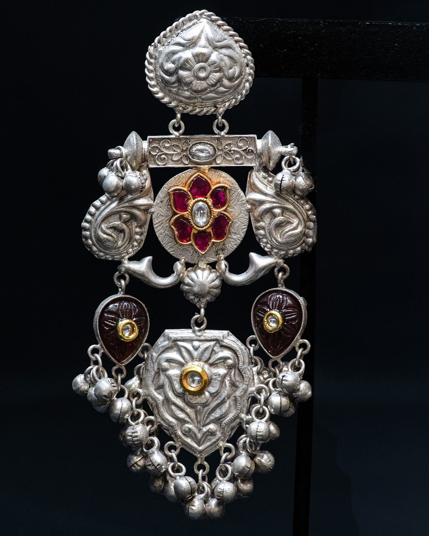 Peacock Motifs Pink Flower Silver Look Alike Dangler Earrings