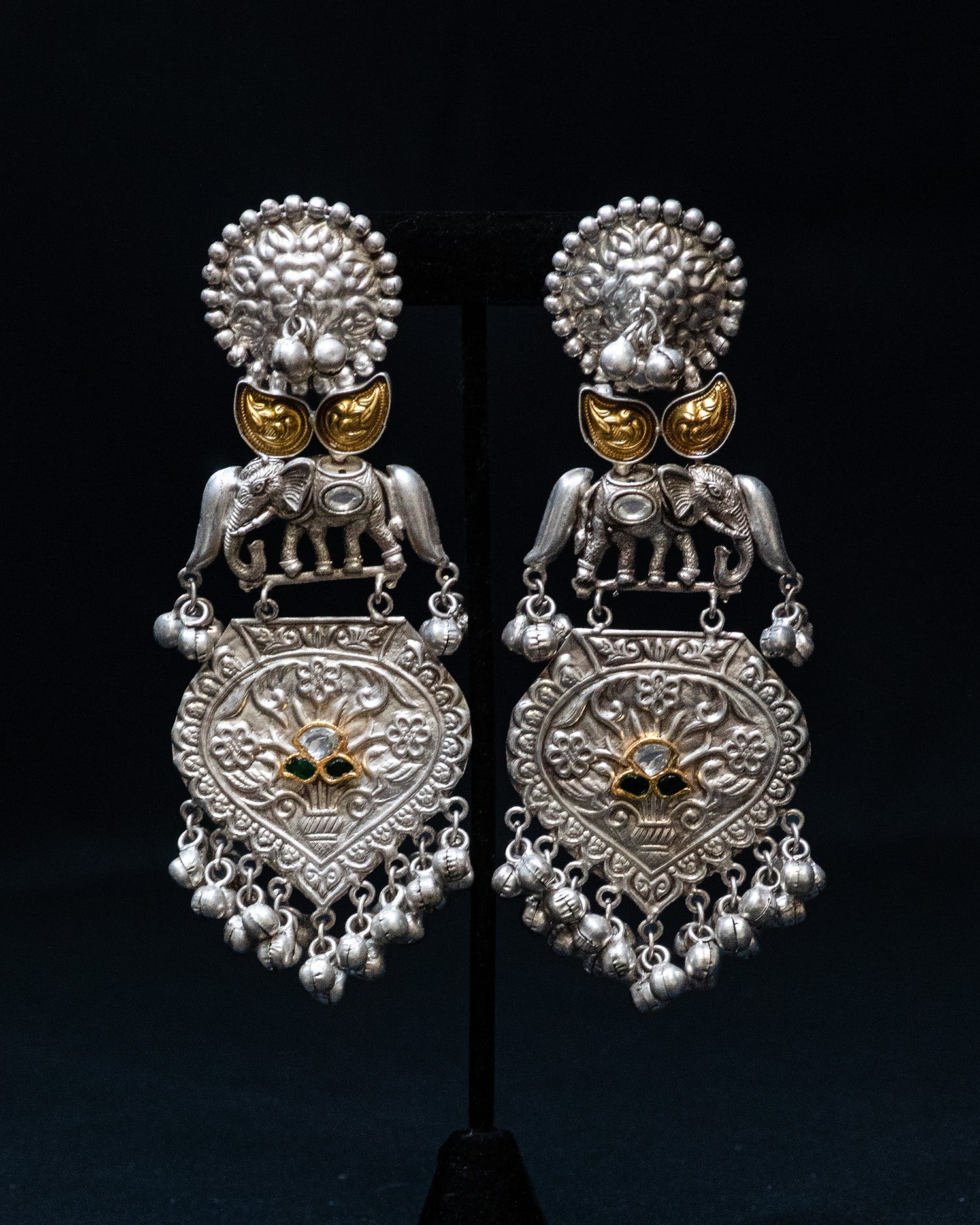 Elephant Stone Dark Green Center Stone Silver Look Alike Dangler Earrings
