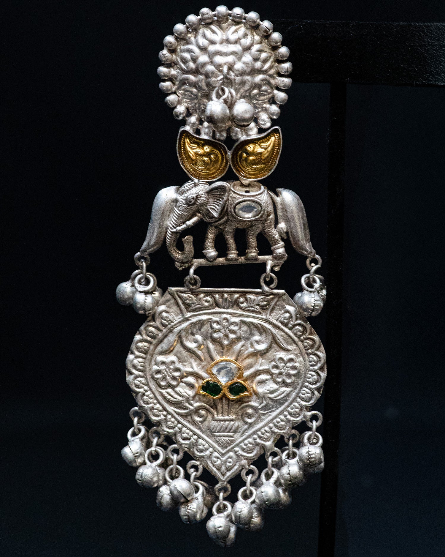 Elephant Stone Dark Green Center Stone Silver Look Alike Dangler Earrings
