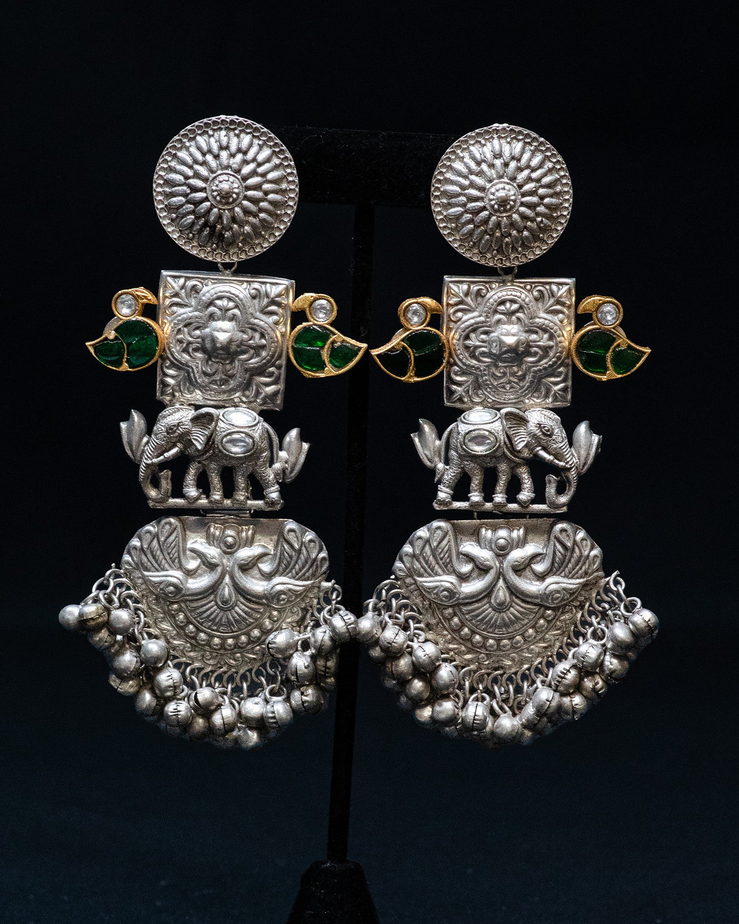 Green Leaf Elephant Motif Silver Look Alike Dangle Earrings