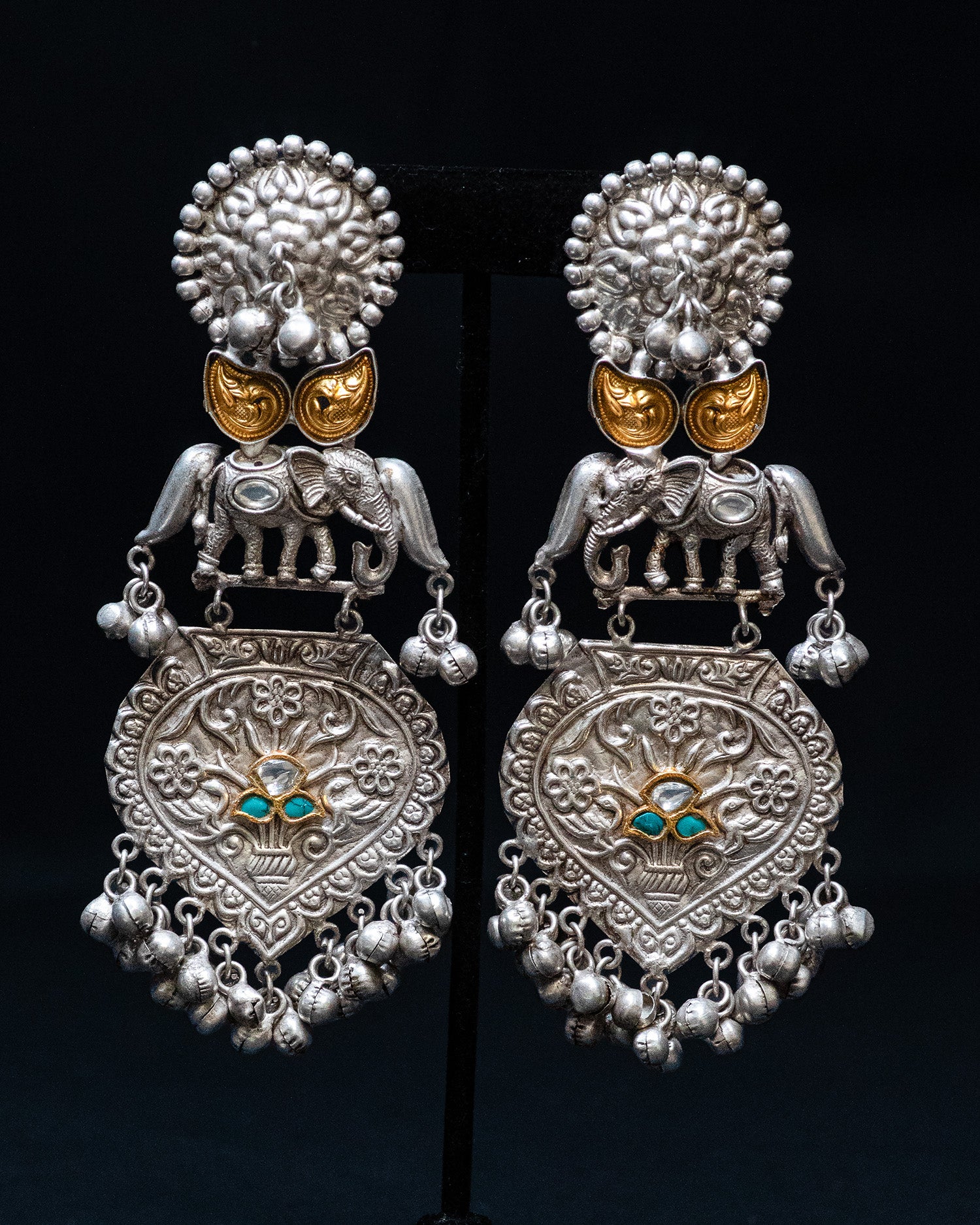 Elephant Stone Blue Center Stone Silver Look Alike Dangler Earrings