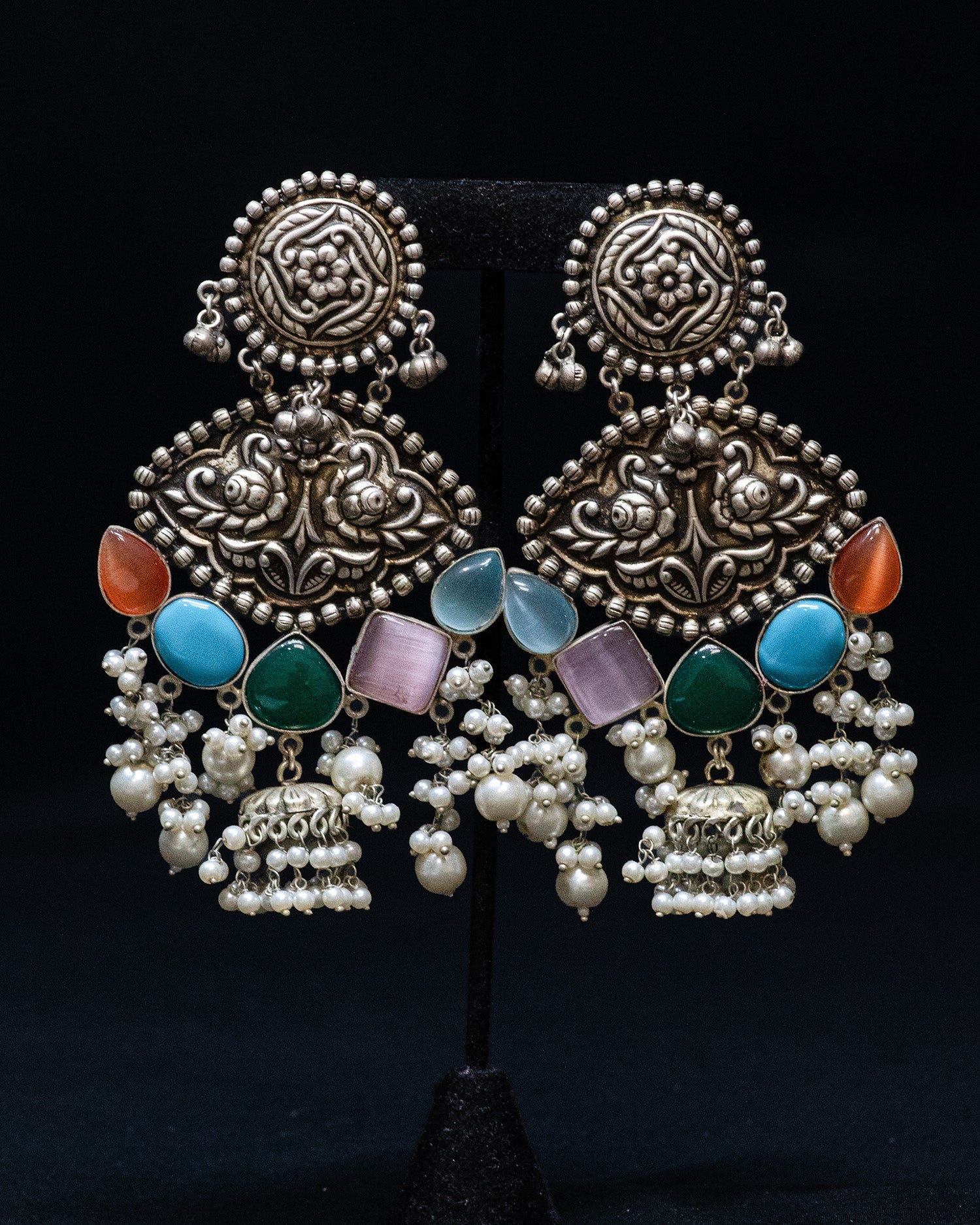 Drak Green Drop Stone Silver Look Alike Dangler Earrings