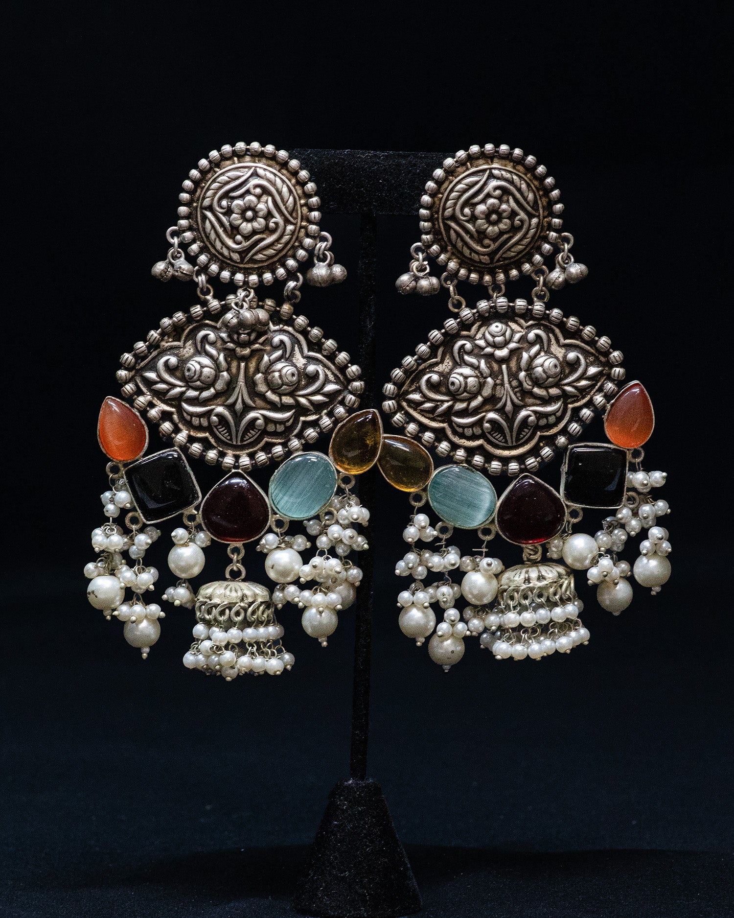 Drak Red Drop Stone Silver Look Alike Dangler Earrings
