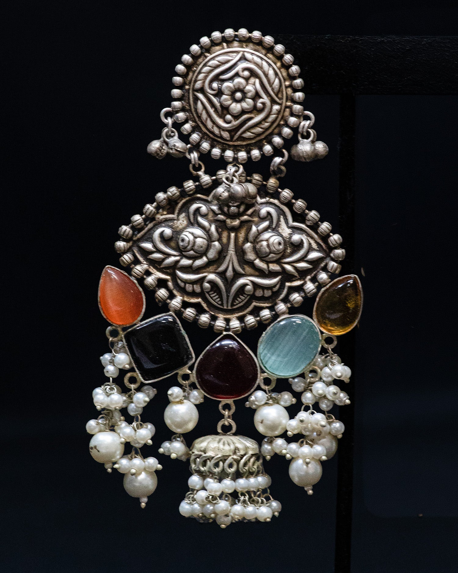 Drak Red Drop Stone Silver Look Alike Dangler Earrings