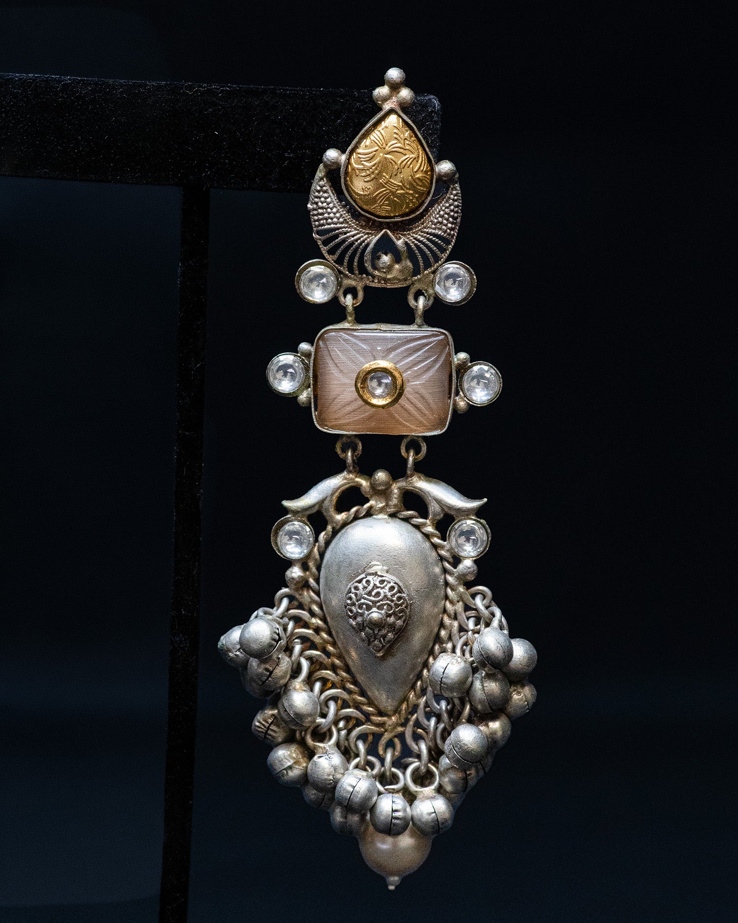 Antique Design Peach Stone Silver Look Alike Dangle Earrings