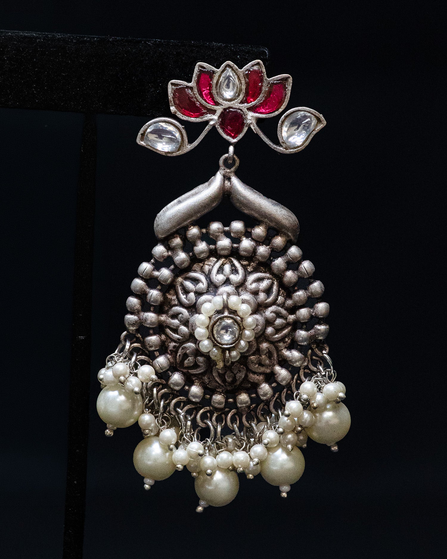 Pink Lotus White Beads Silver Look Alike Dangle Earrings