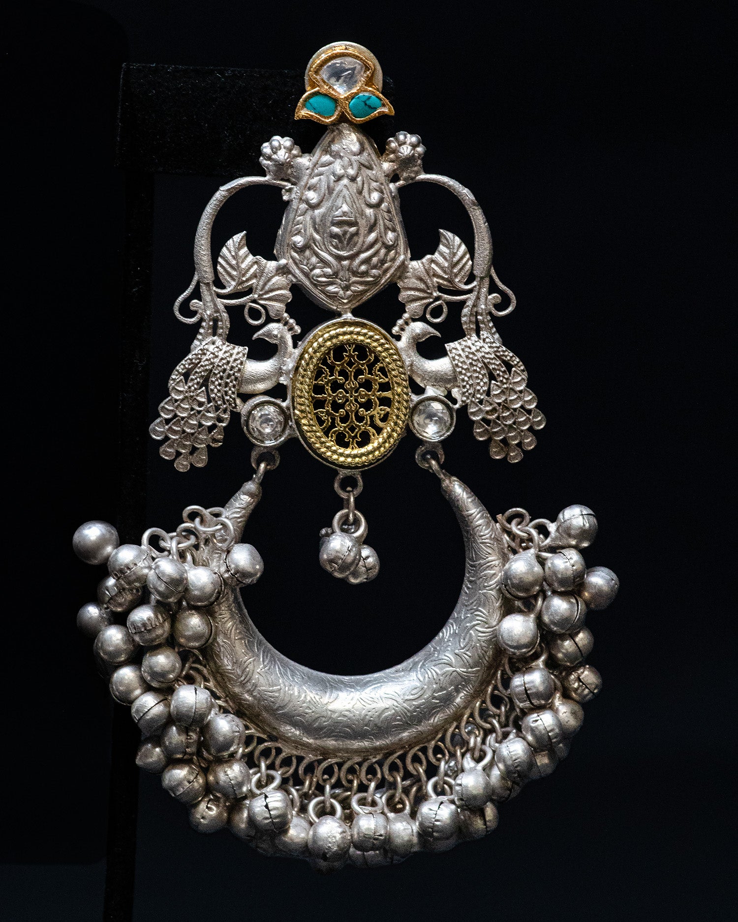 Dual Peacock Ghungroo Silver Look Alike Dangle Earrings