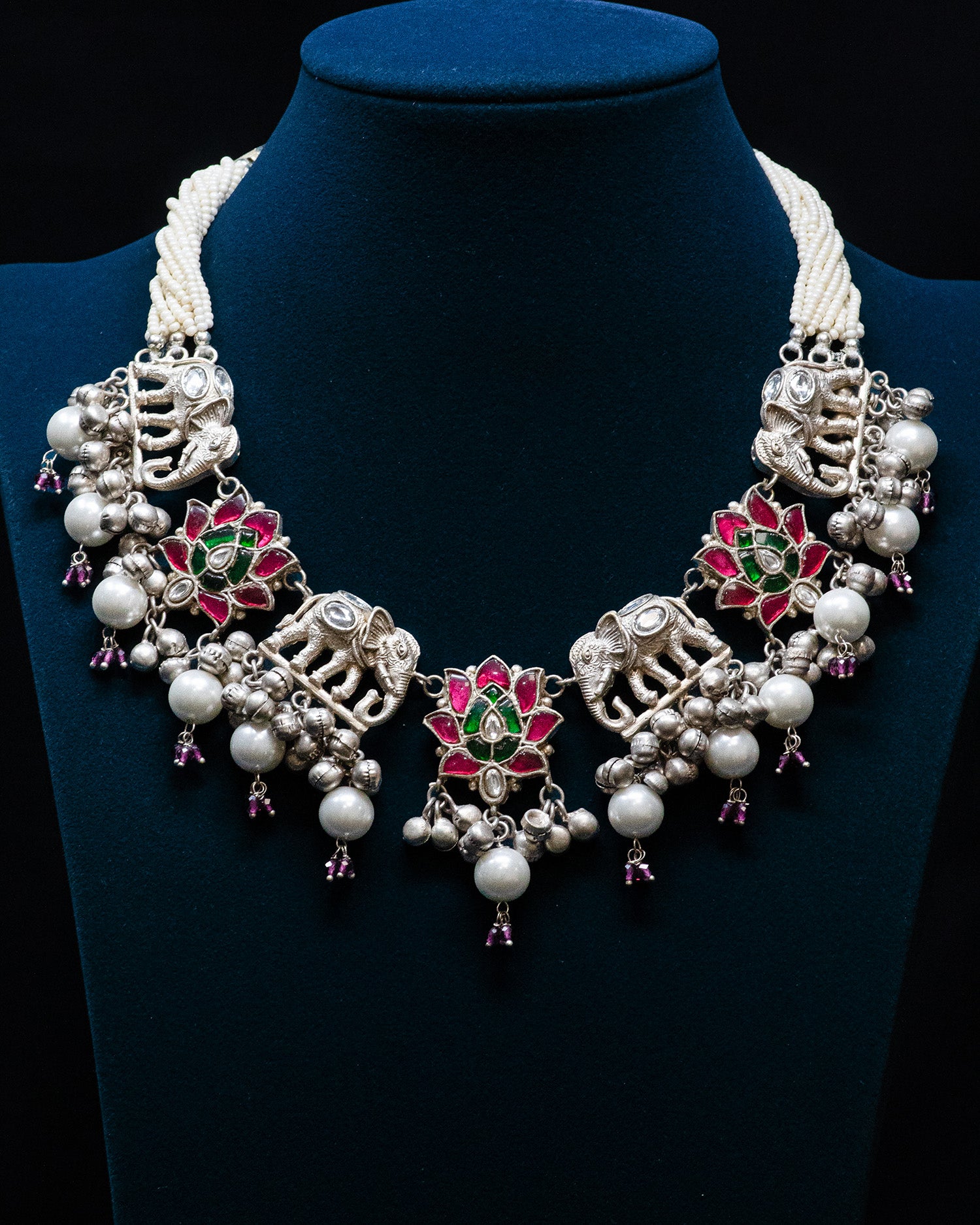 Pink Green Flora and Elephant Motif Silver Look Alike Necklace