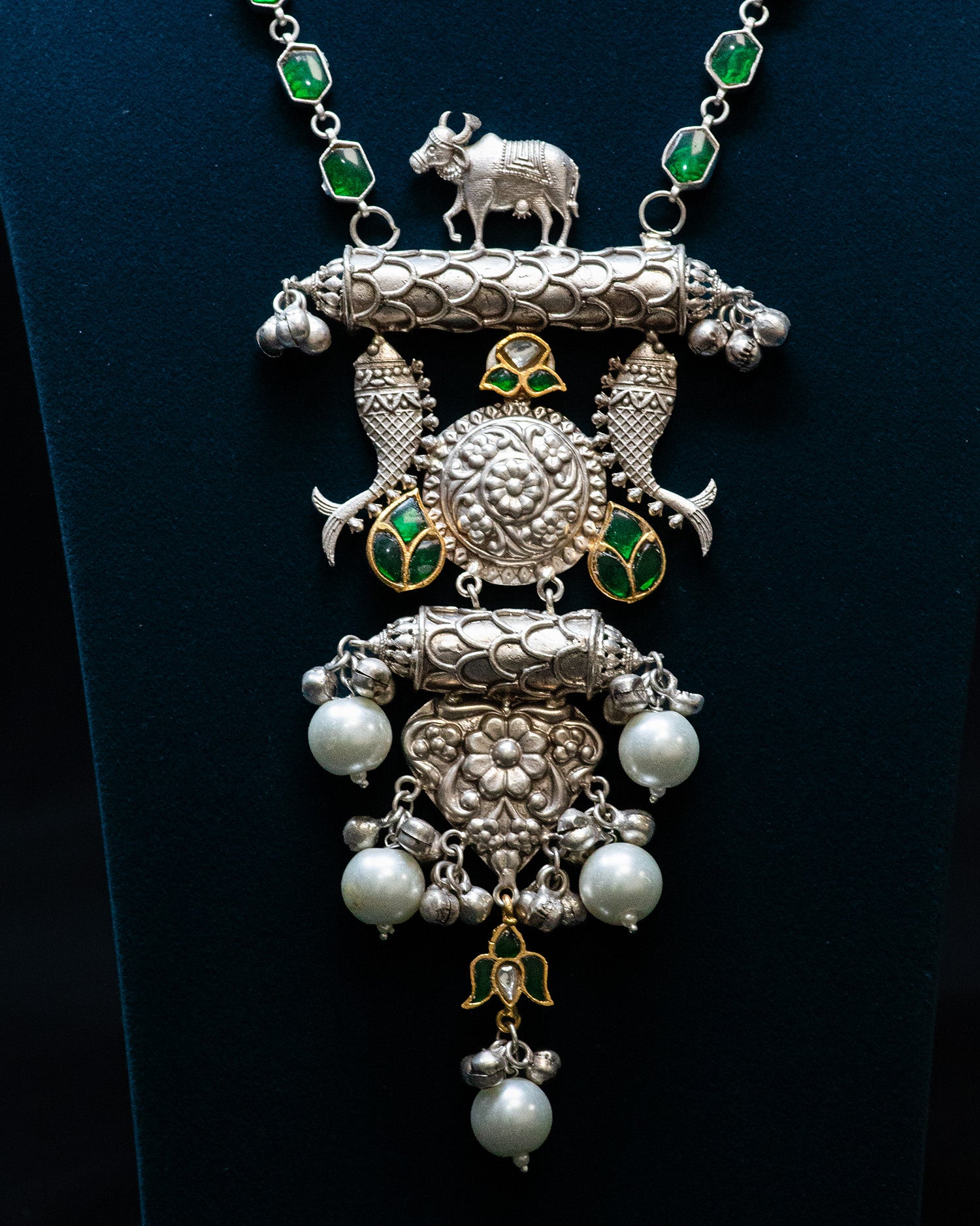 Bull Motif Green Stone Long Silver Look Alike Necklace Set