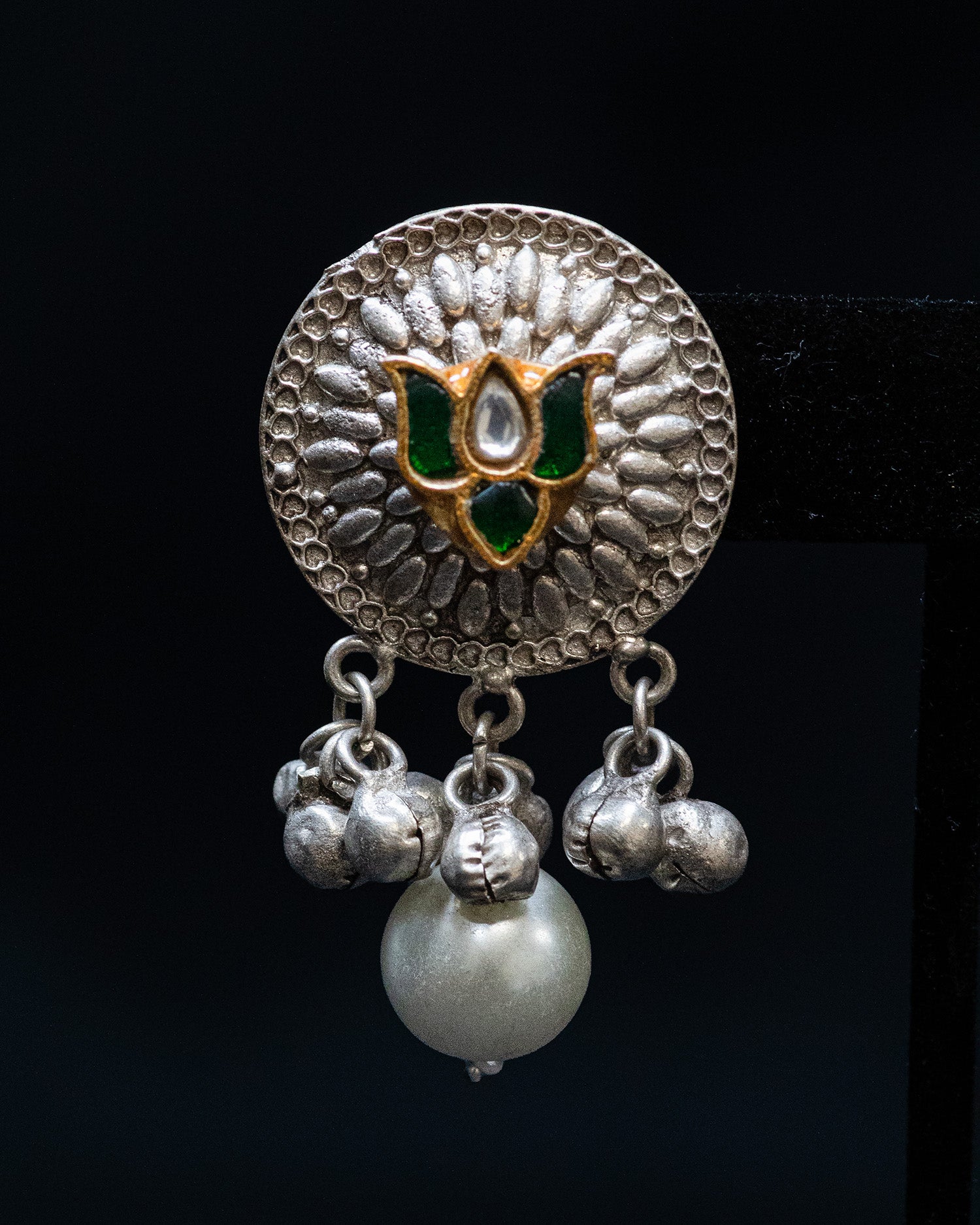 Bull Motif Green Stone Long Silver Look Alike Necklace Set