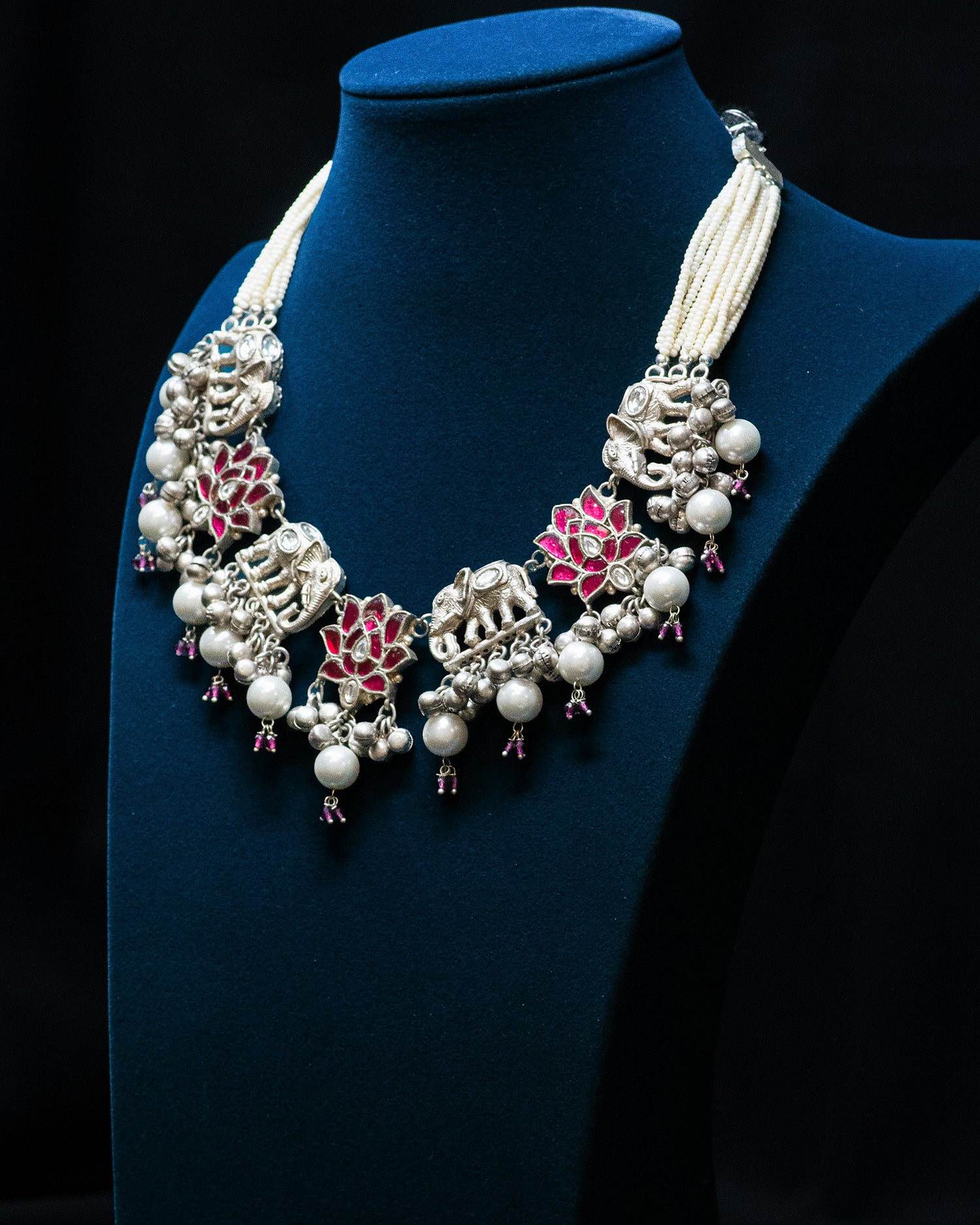 Pink Flora and Elephant Motif Silver Look Alike Necklace