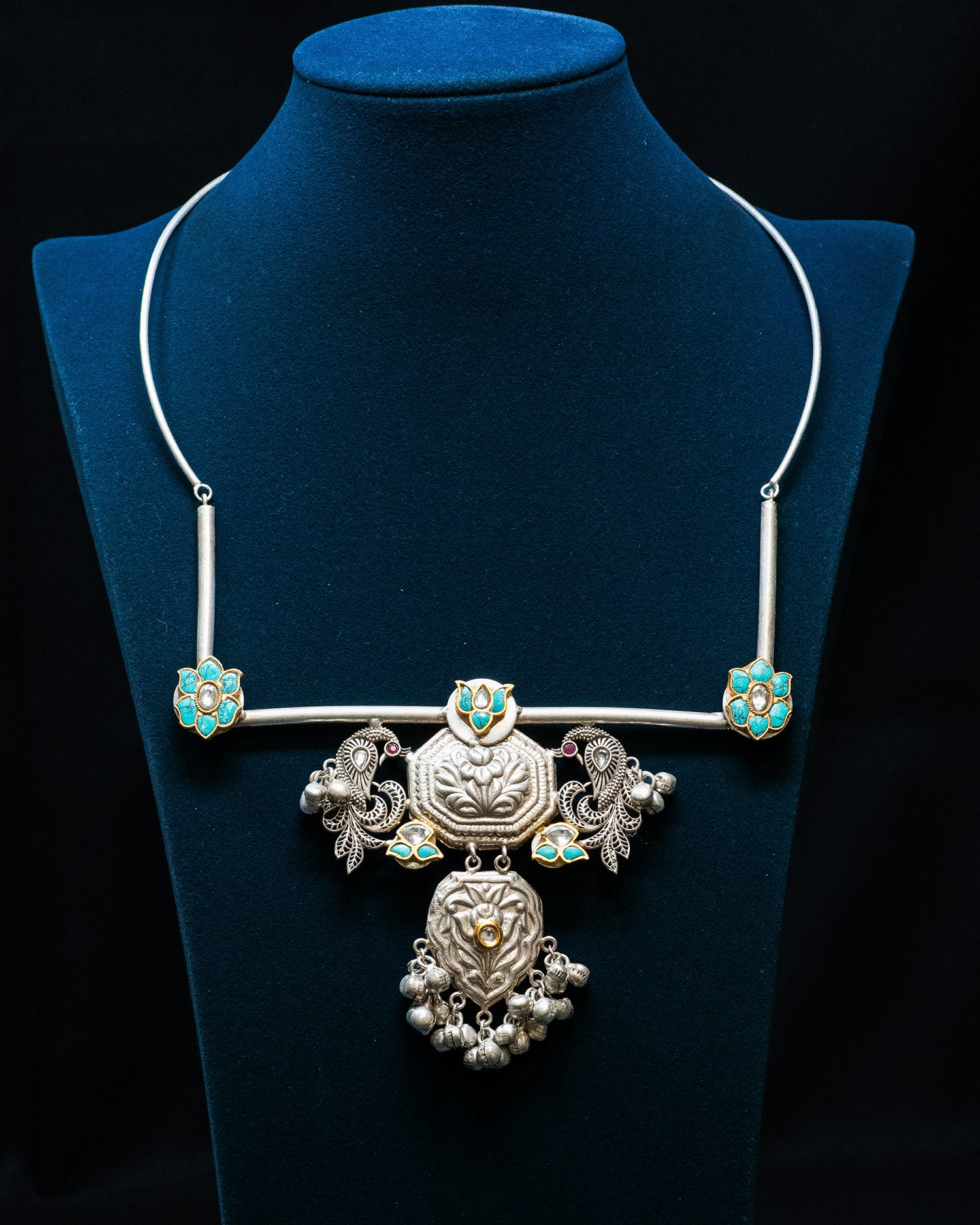 Turquoise Flora Dual Peacock Antique Silver Look Alike Necklace Set