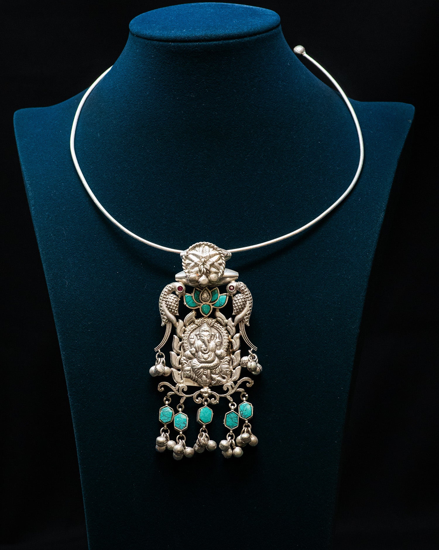 Turquoise Stone Peacock Ganesha Silver Look Alike Pendant Set