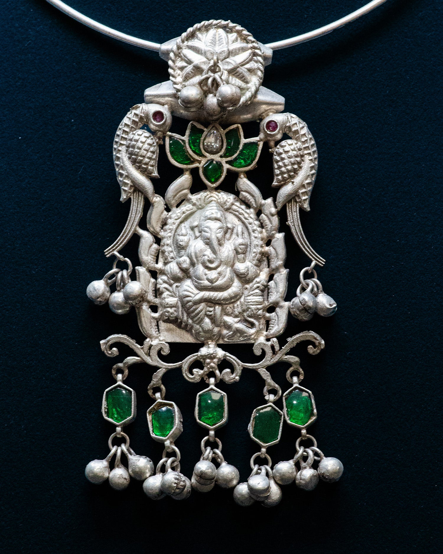 Green Stone Peacock Ganesha Silver Look Alike Pendant Set