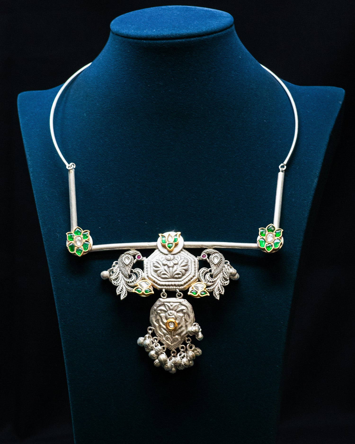 Green Flora Dual Peacock Antique Silver Look Alike Necklace Set