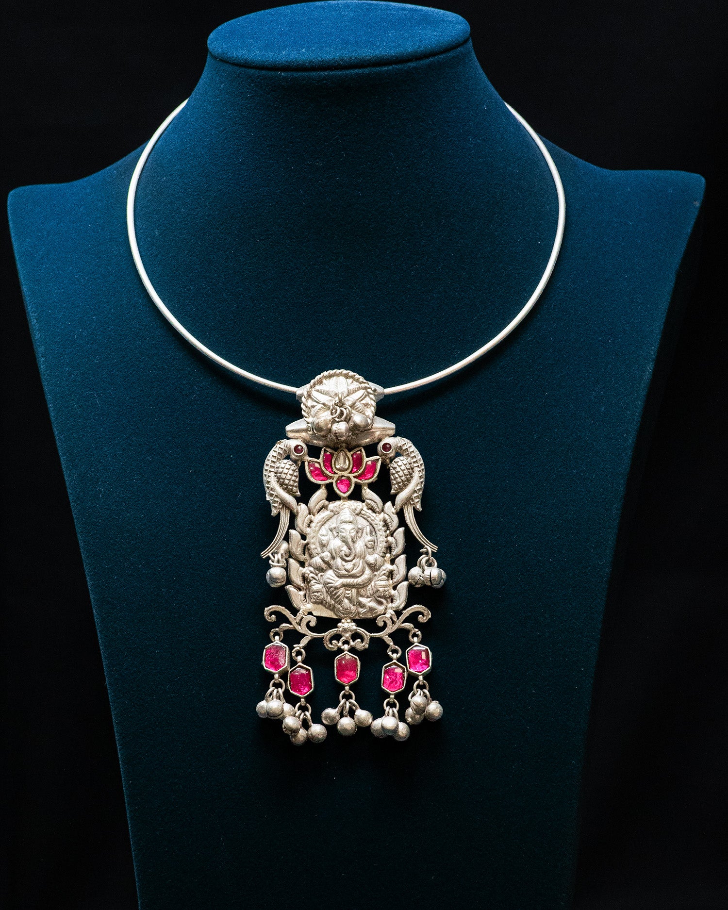 Pink Stone Peacock Ganesha Silver Look Alike Pendant Set