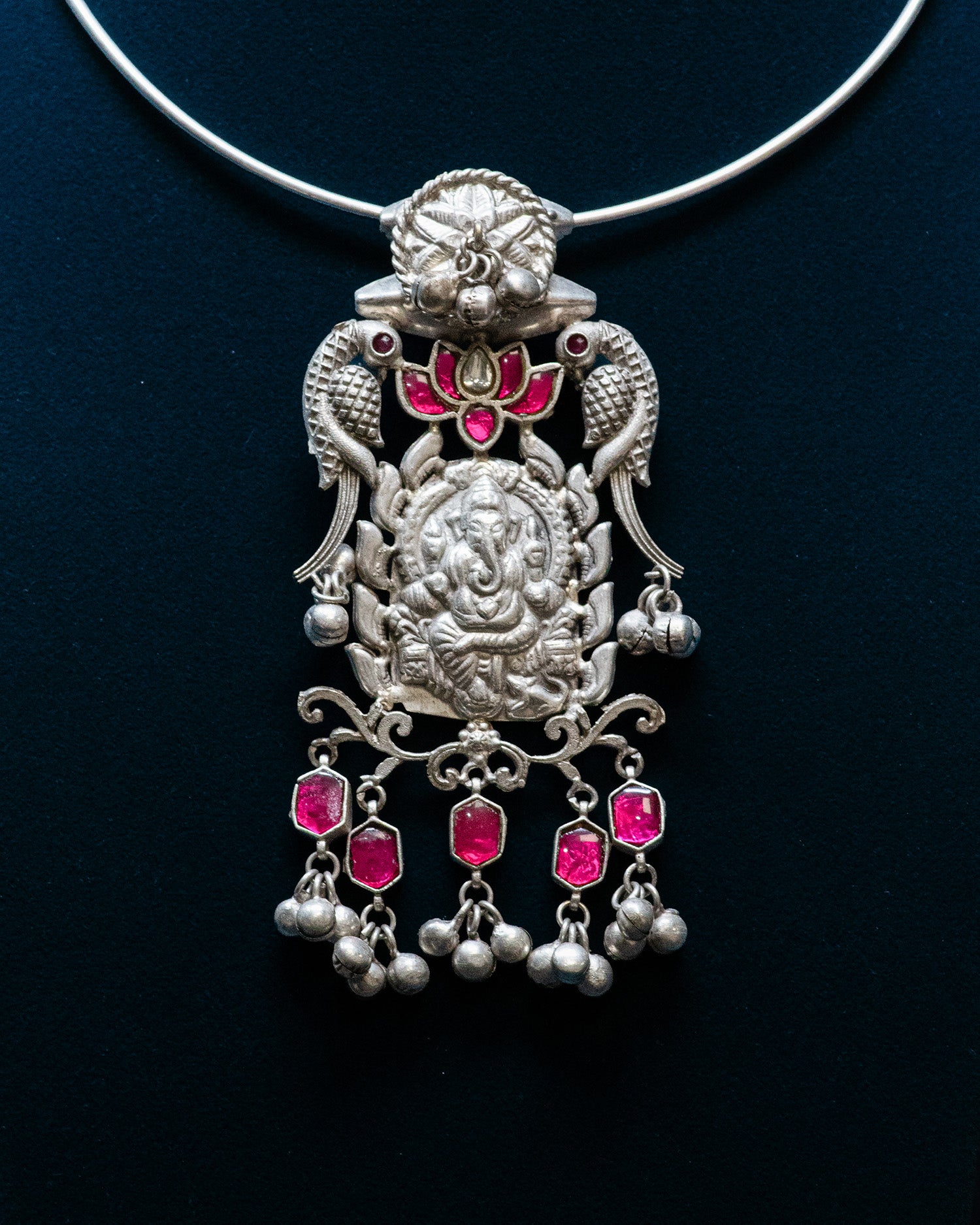Pink Stone Peacock Ganesha Silver Look Alike Pendant Set
