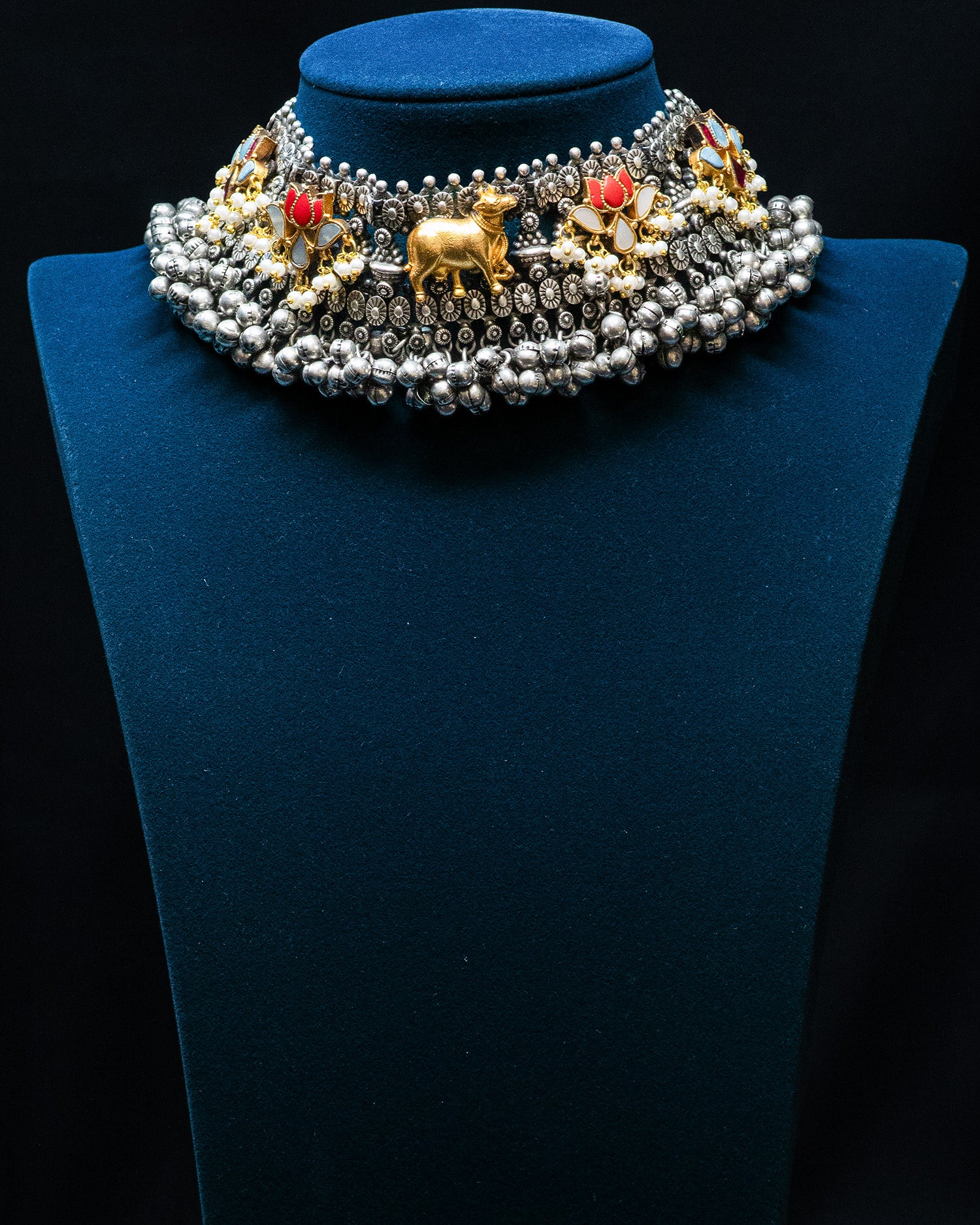Golden Bull Orange Lotus Ghunghroo Silver Look Alike Choker Set