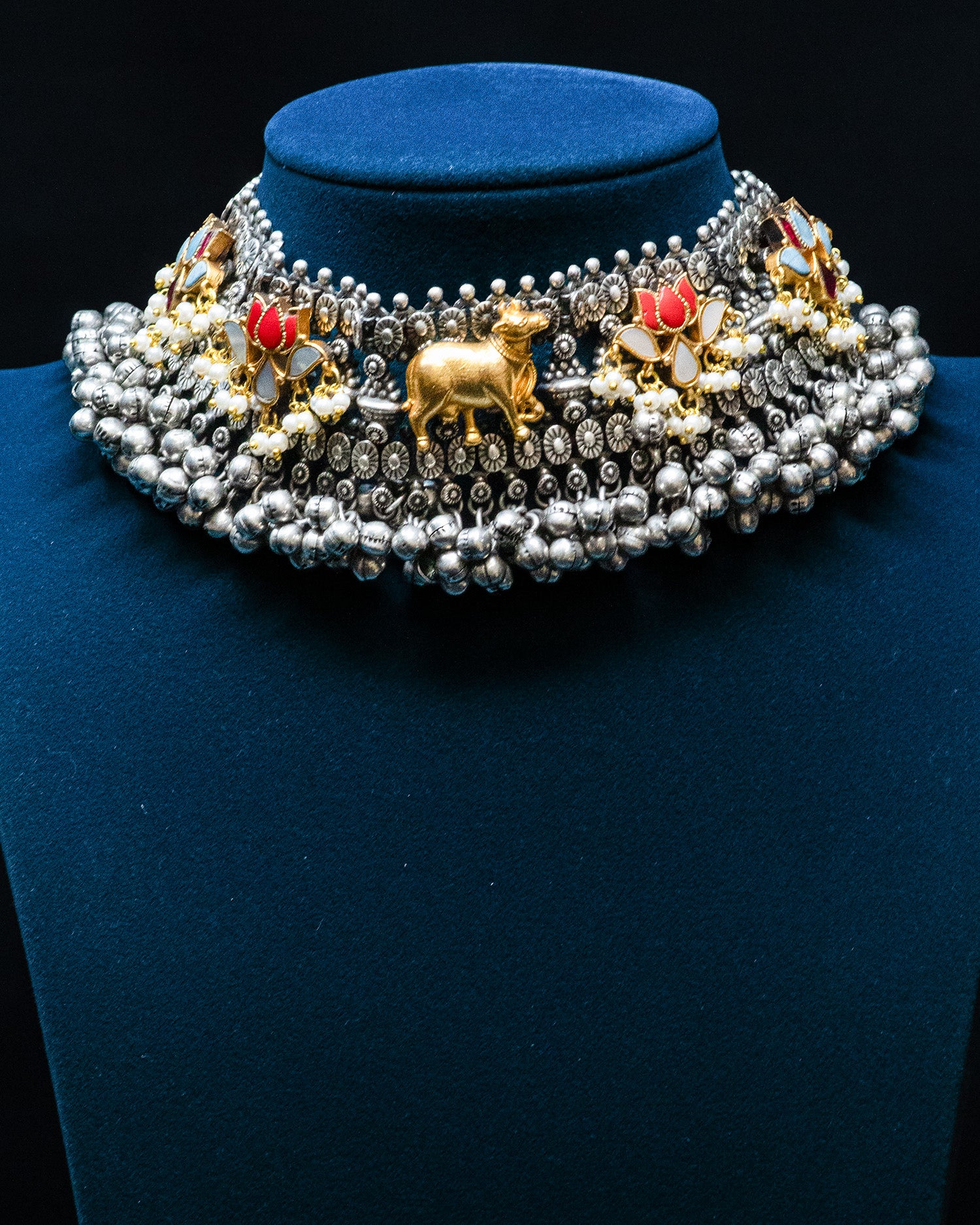 Golden Bull Orange Lotus Ghunghroo Silver Look Alike Choker Set