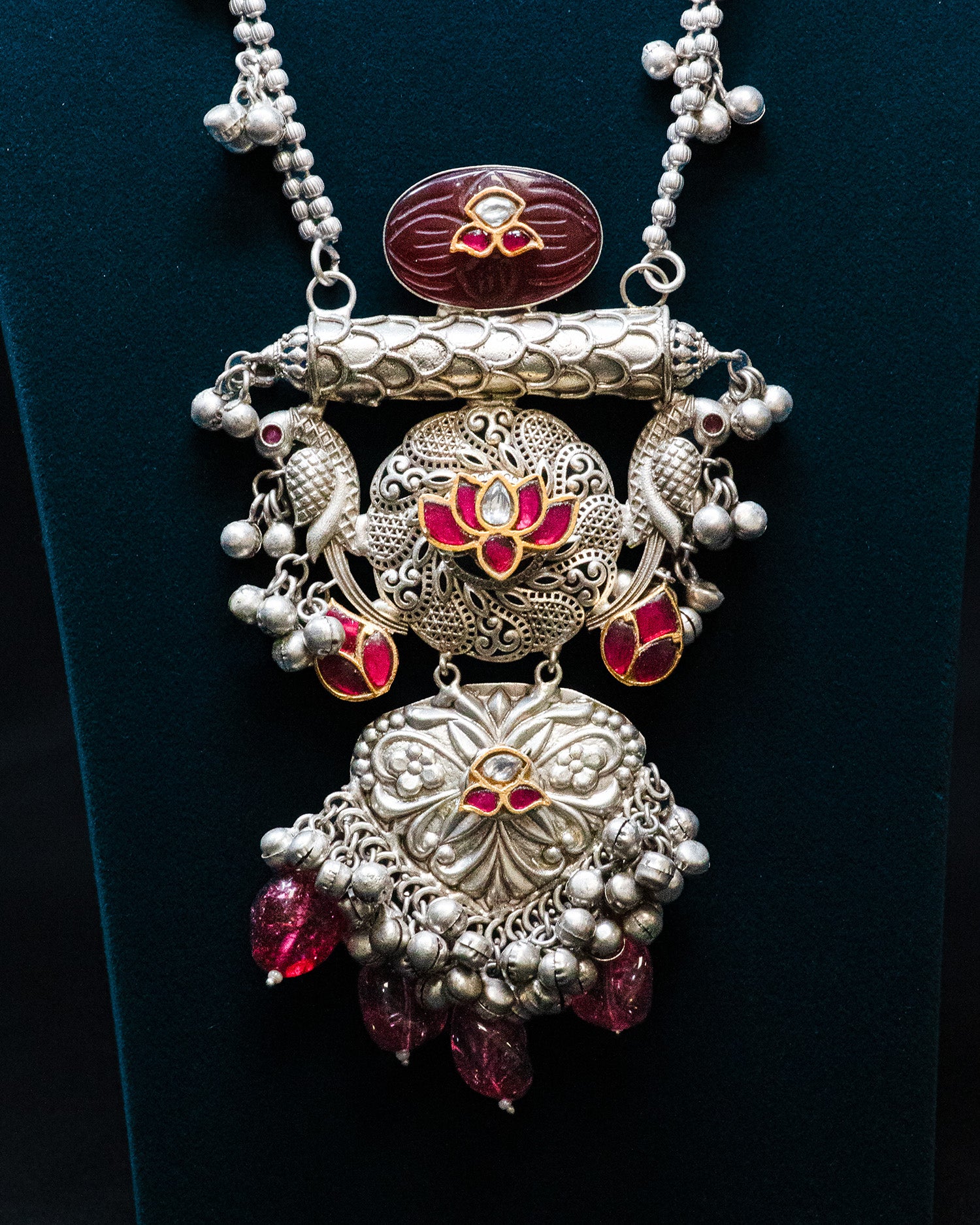 Red Stone Red Pearl Antique Long Silver Look Alike Necklace Set