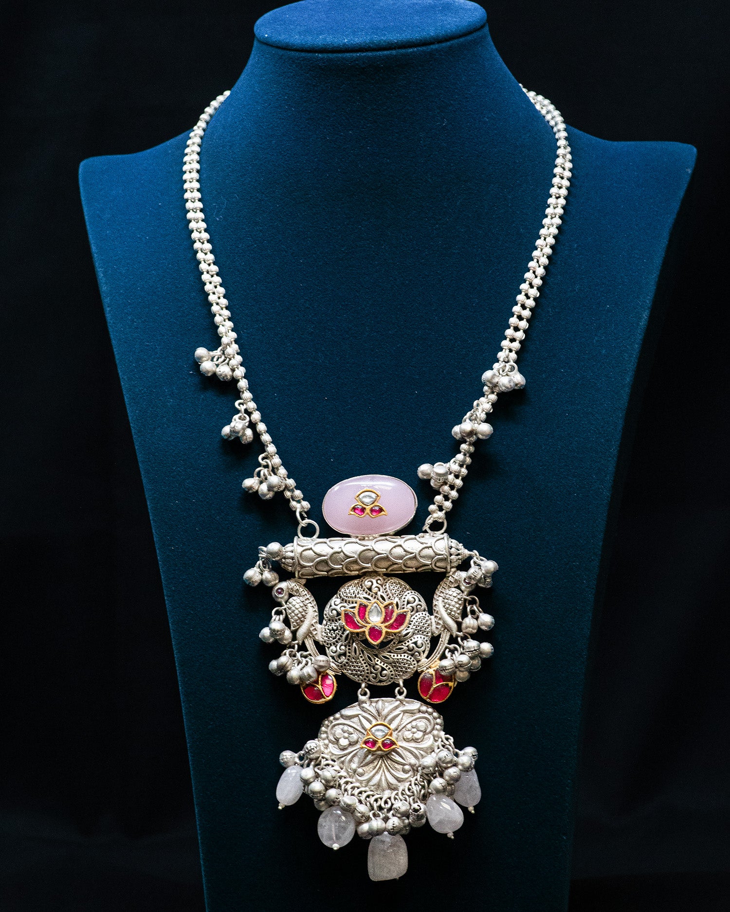 Mauve Stone White Pearl Antique Long Silver Look Alike Necklace Set