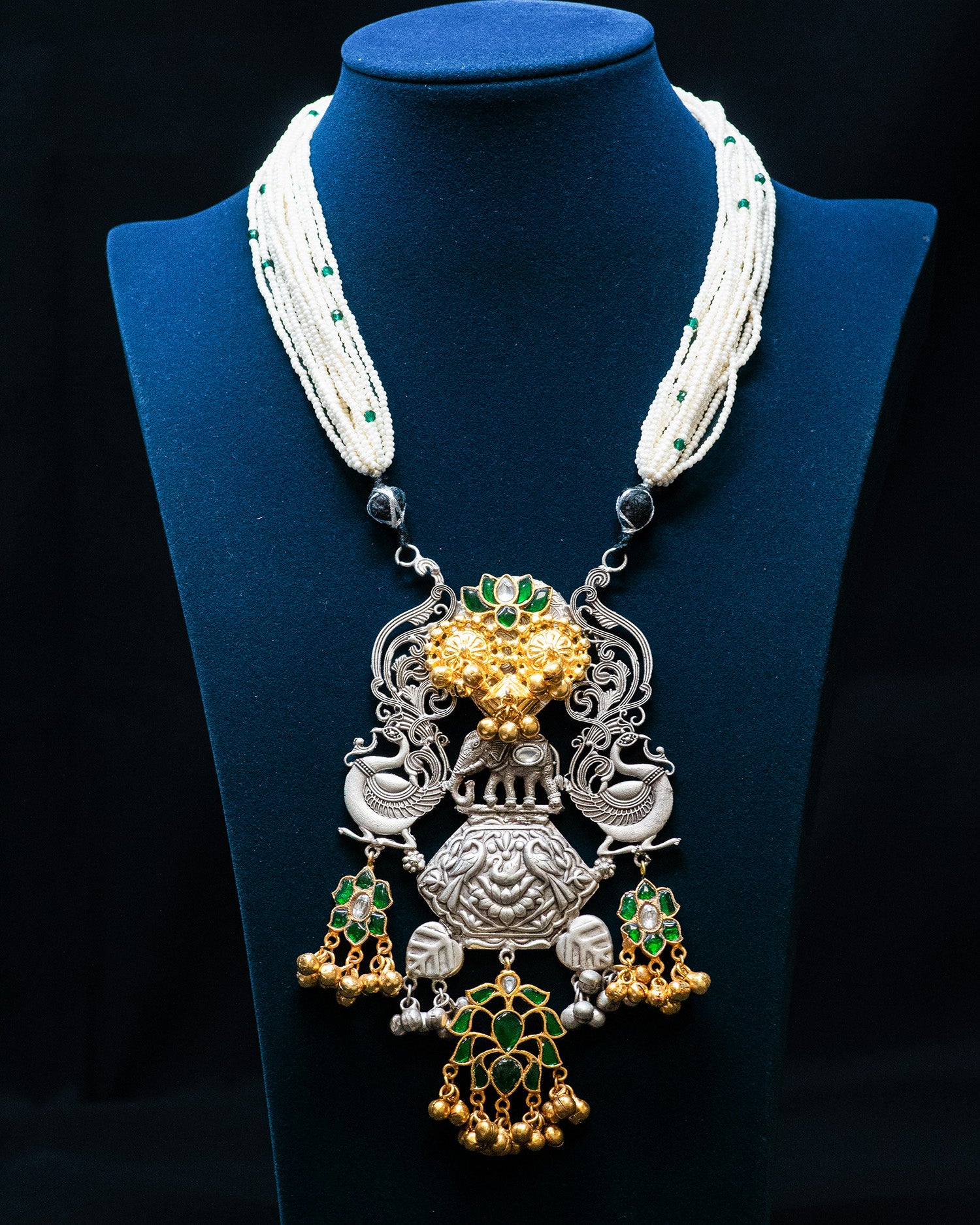 Victorian Style Green Flora Dual Peacock Silver Look Alike Necklace Set