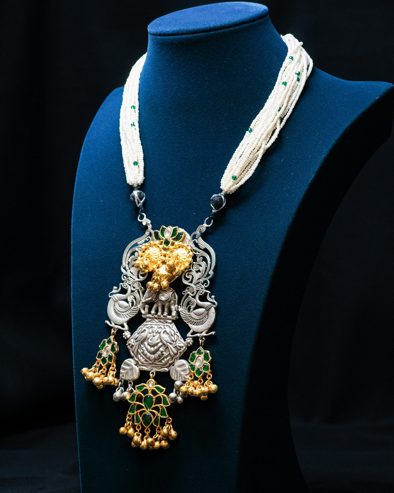 Victorian Style Green Flora Dual Peacock Silver Look Alike Necklace Set