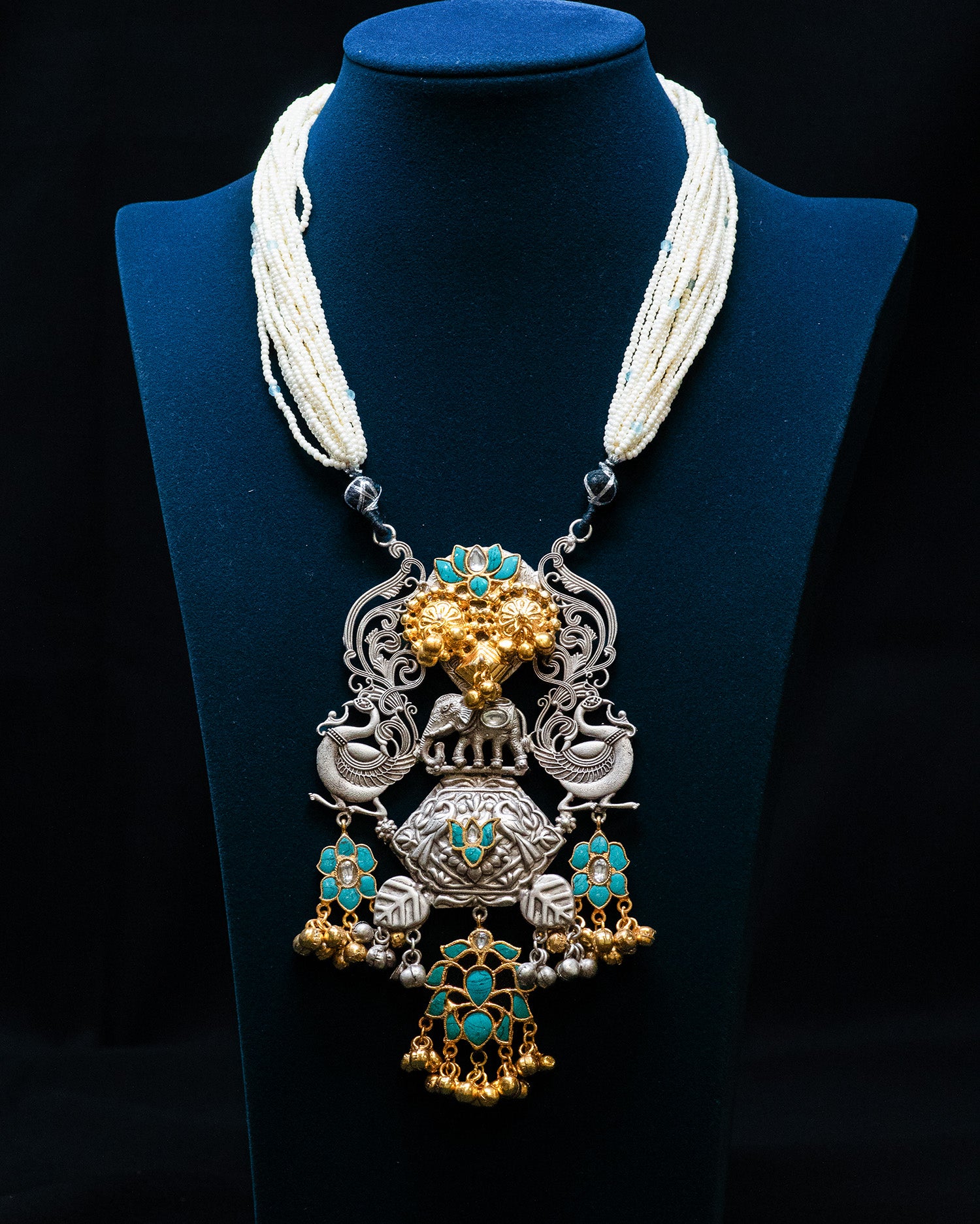 Victorian Style Blue Flora Dual Peacock Silver Look Alike Necklace Set