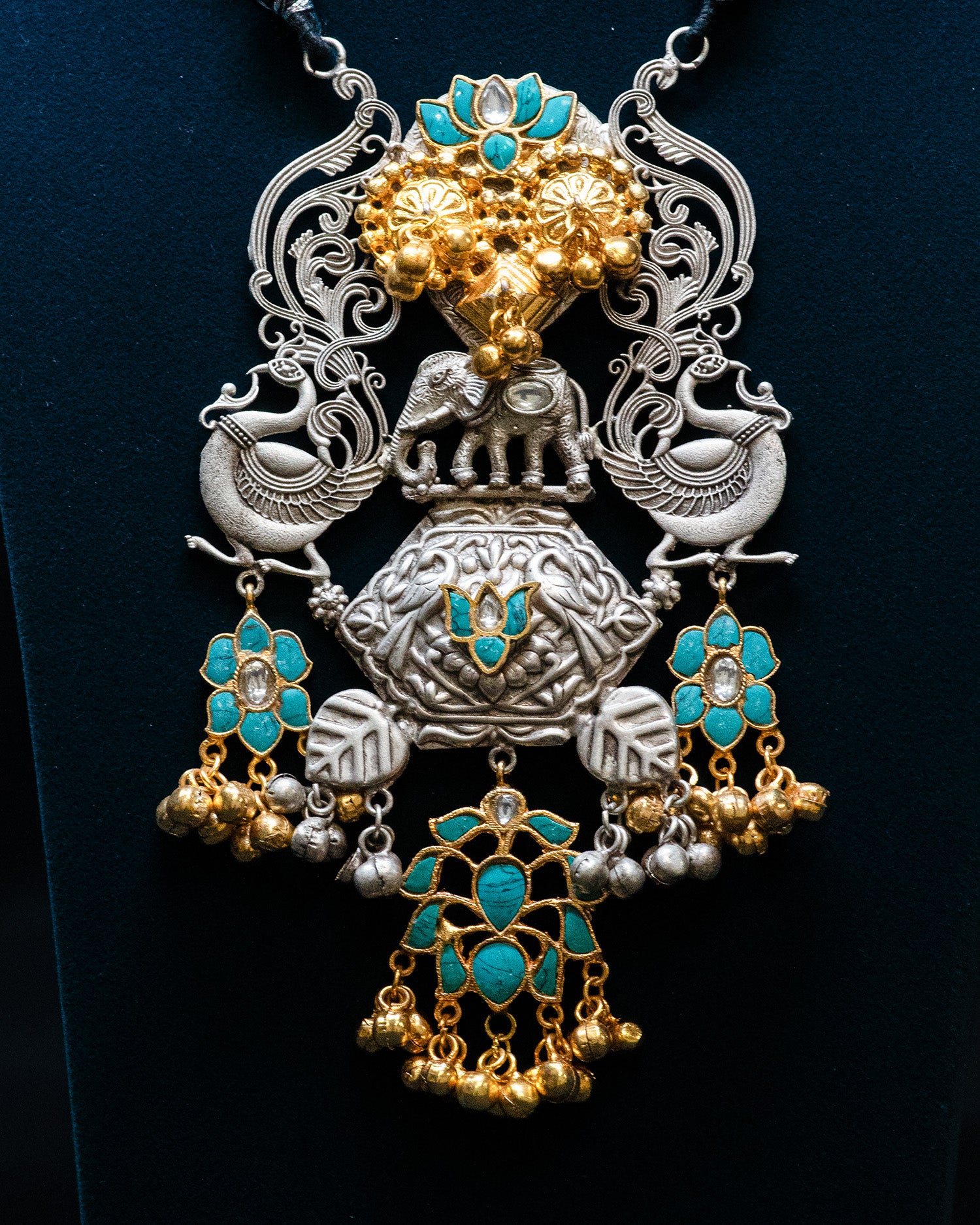 Victorian Style Blue Flora Dual Peacock Silver Look Alike Necklace Set