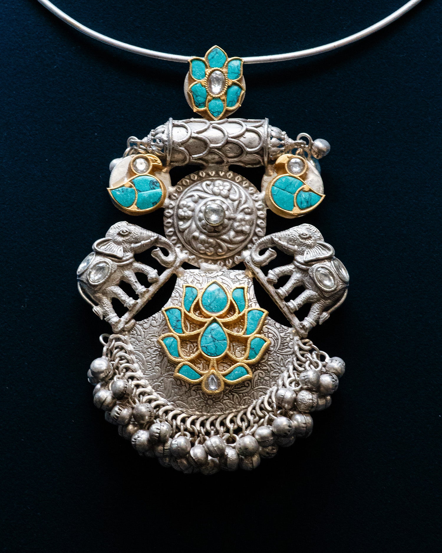 Elephant Motif Blue Stone Blue Lotus Silver Look Alike Necklace Set