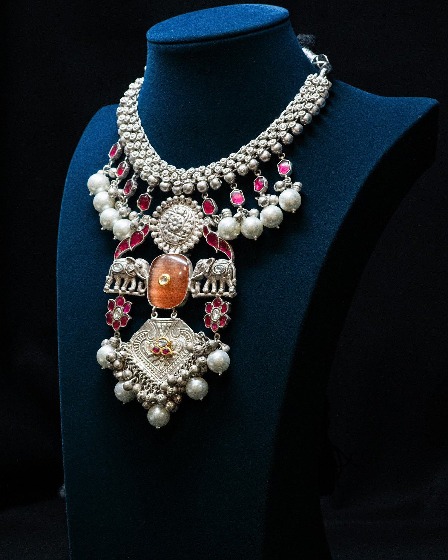 Orange Centre Stone Dual Elephant Pearl Silver Look Alike Necklace Set