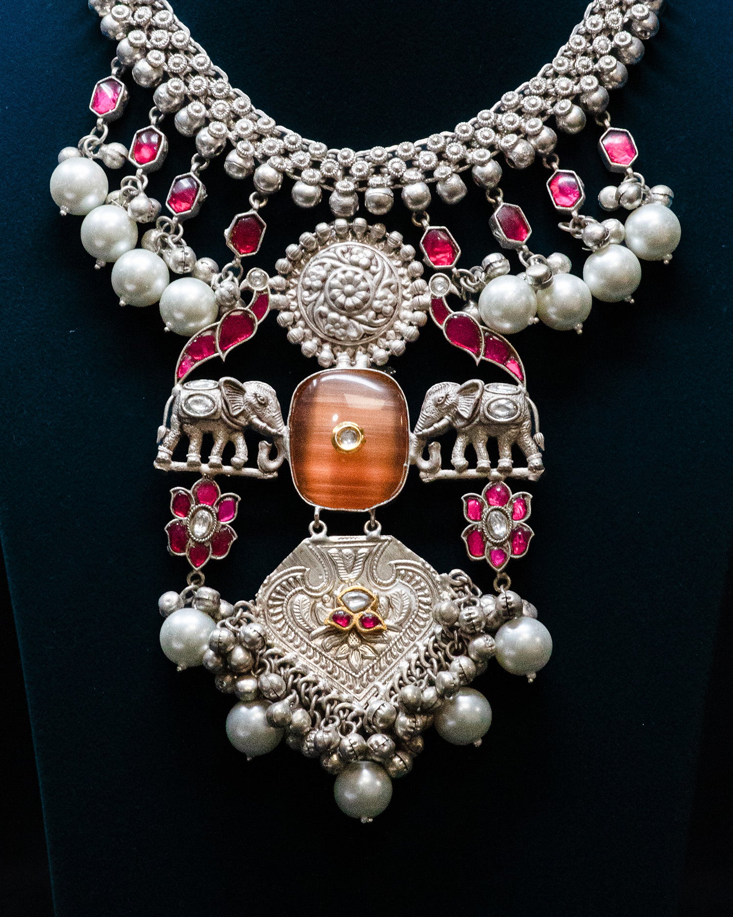 Orange Centre Stone Dual Elephant Pearl Silver Look Alike Necklace Set