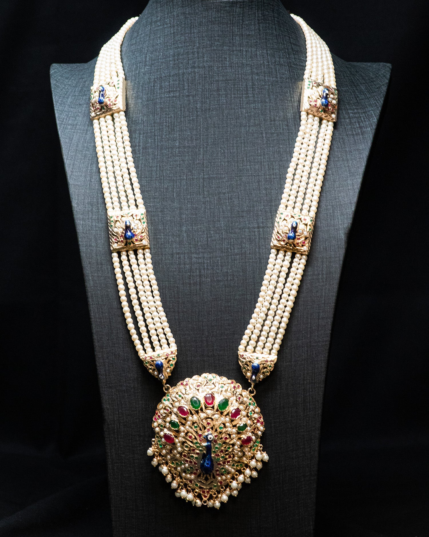 Blue Peacock Design Multi Layered Beads  Long Kundan Necklace