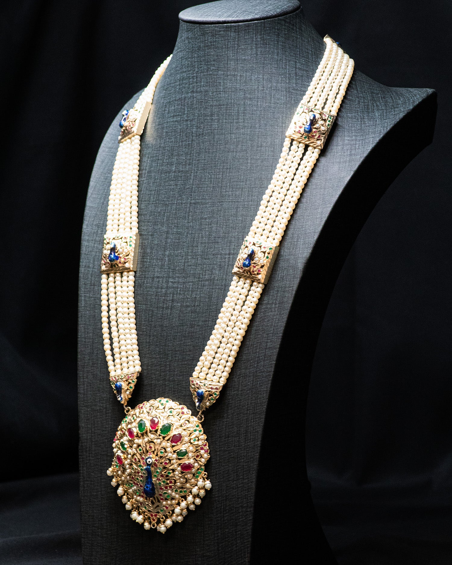 Blue Peacock Design Multi Layered Beads  Long Kundan Necklace