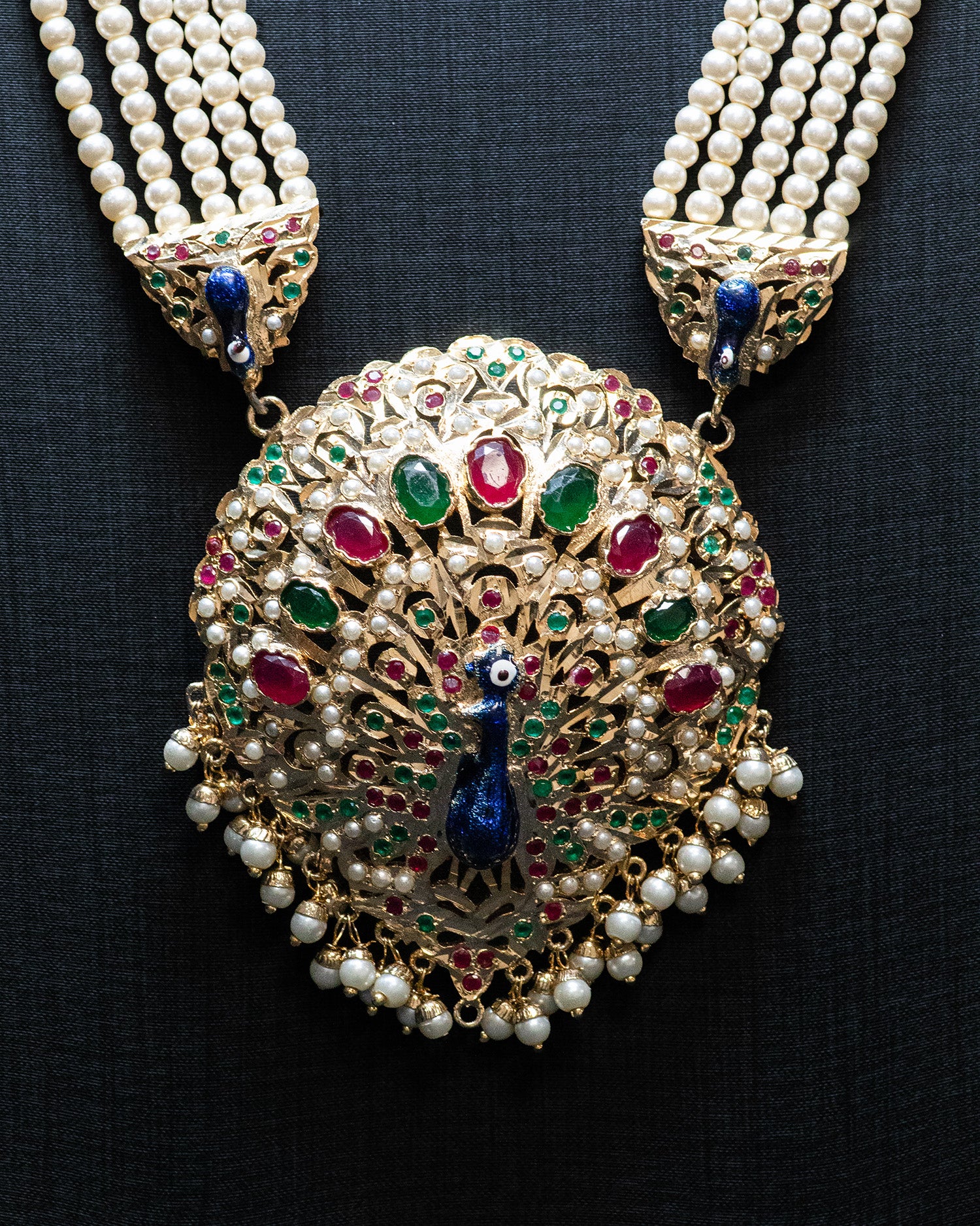 Blue Peacock Design Multi Layered Beads  Long Kundan Necklace