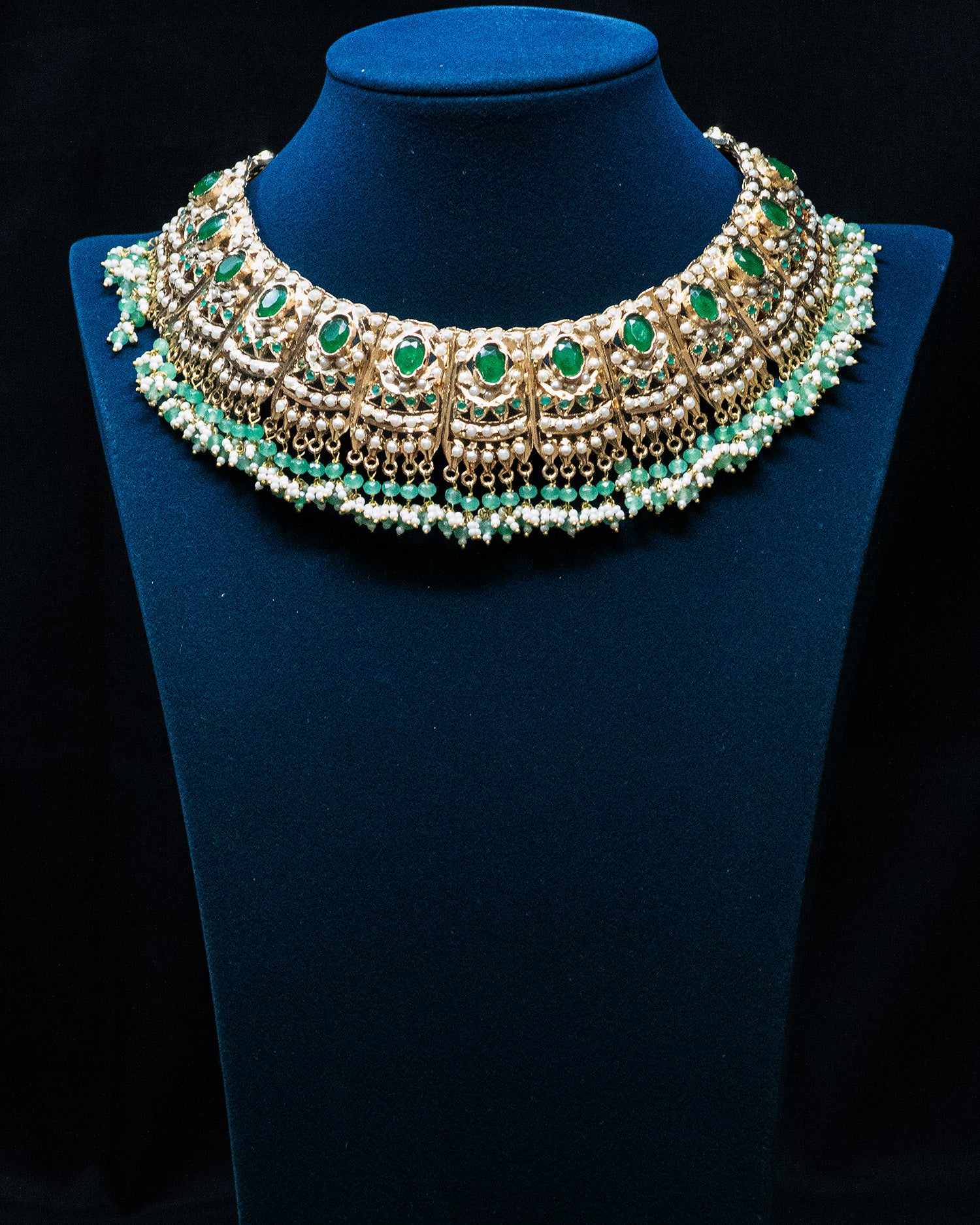 Round Green Stone White Pearl Kundan Necklace Set
