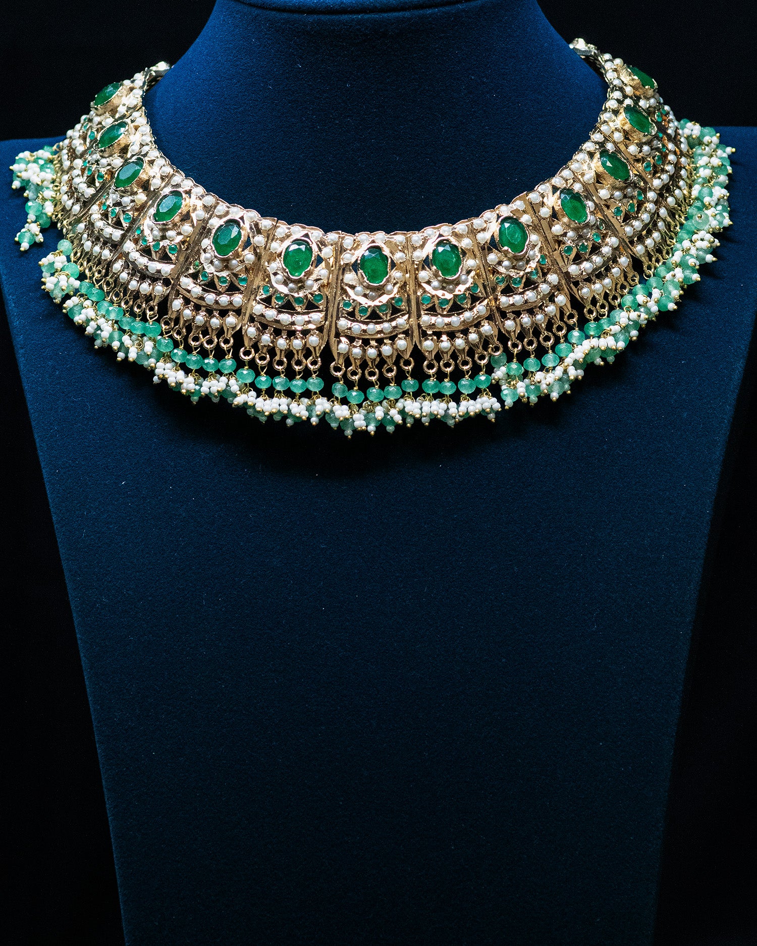 Round Green Stone White Pearl Kundan Necklace Set