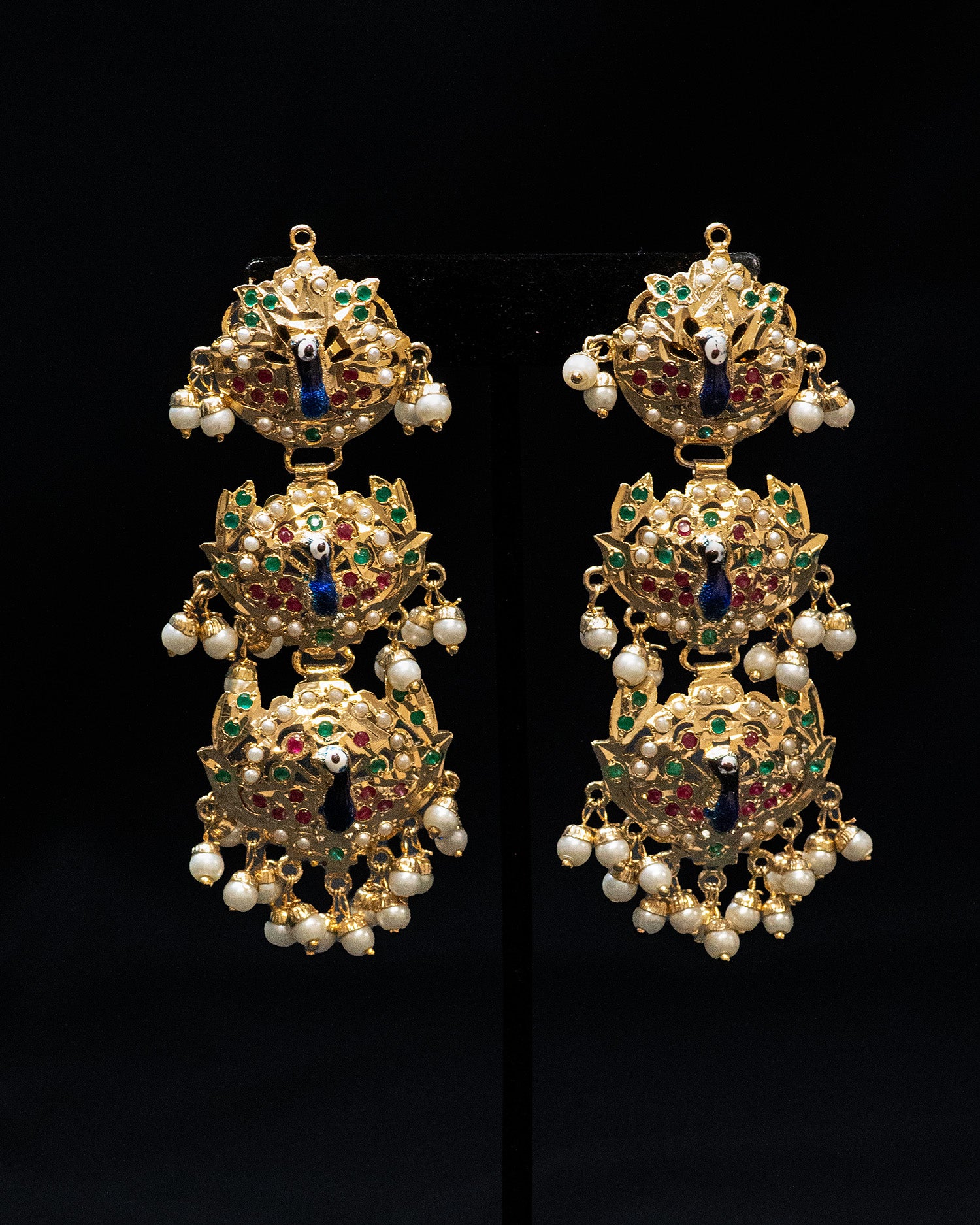 Three Blue Peocock Design Golden Kundan Dangle Earrings