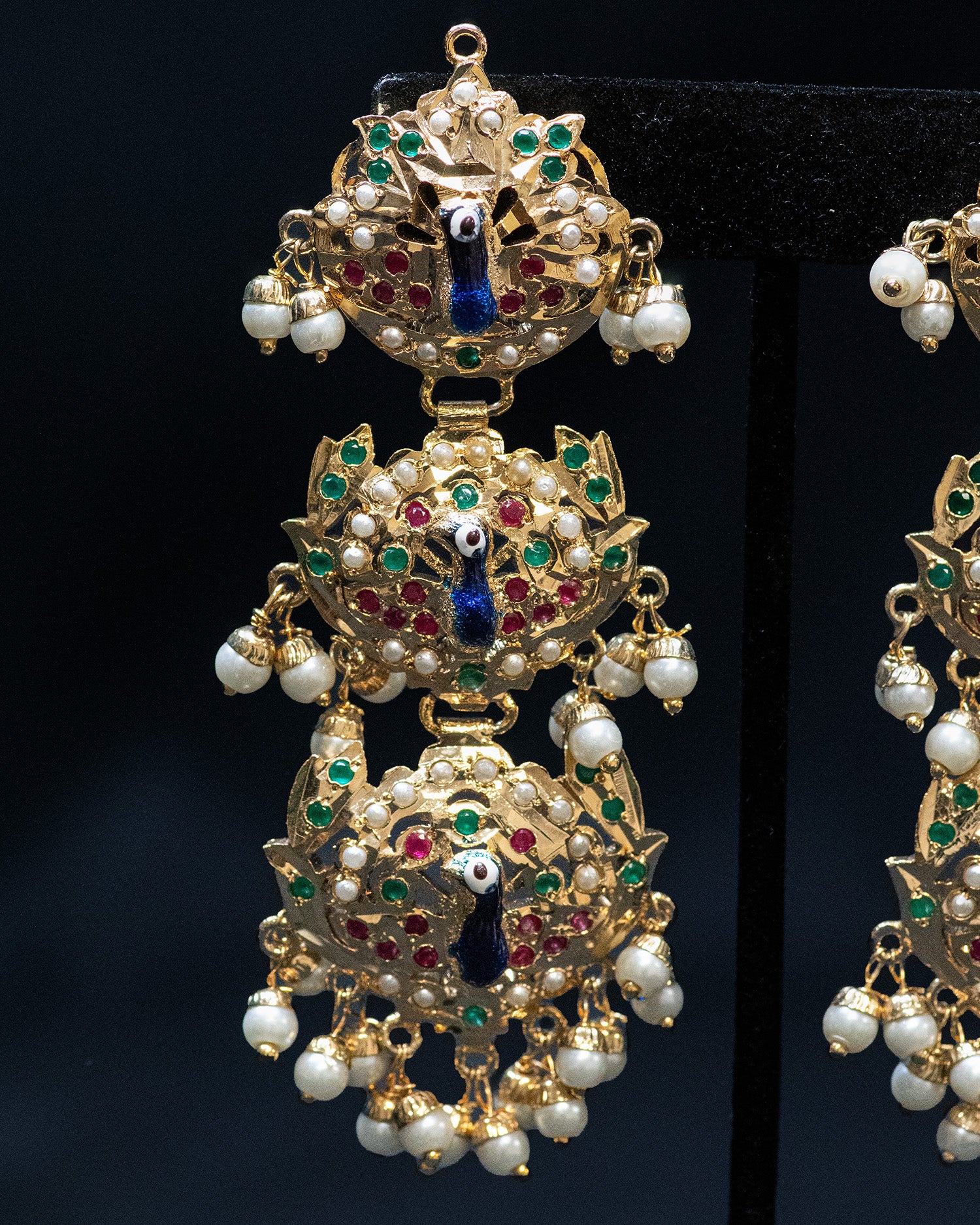 Three Blue Peocock Design Golden Kundan Dangle Earrings