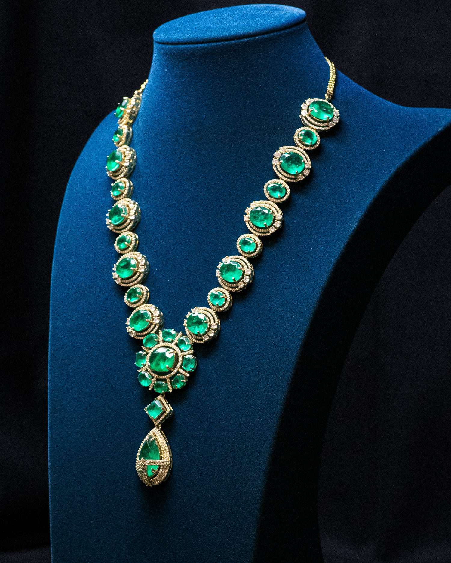 Dark Green Stones Gold Finish Long Kundan Necklace Set