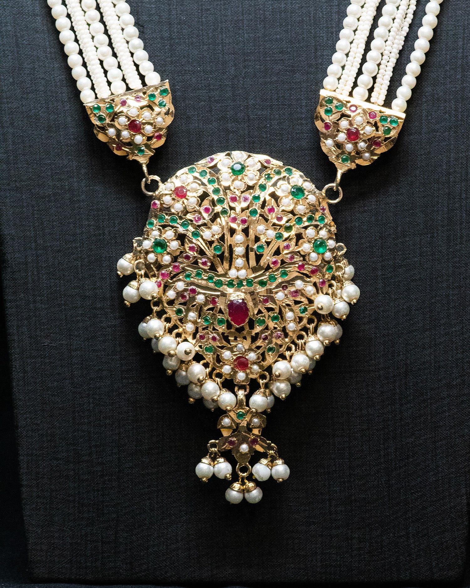 Multilayer Beads Green and Ruby Red Unique Kundan Necklace Set