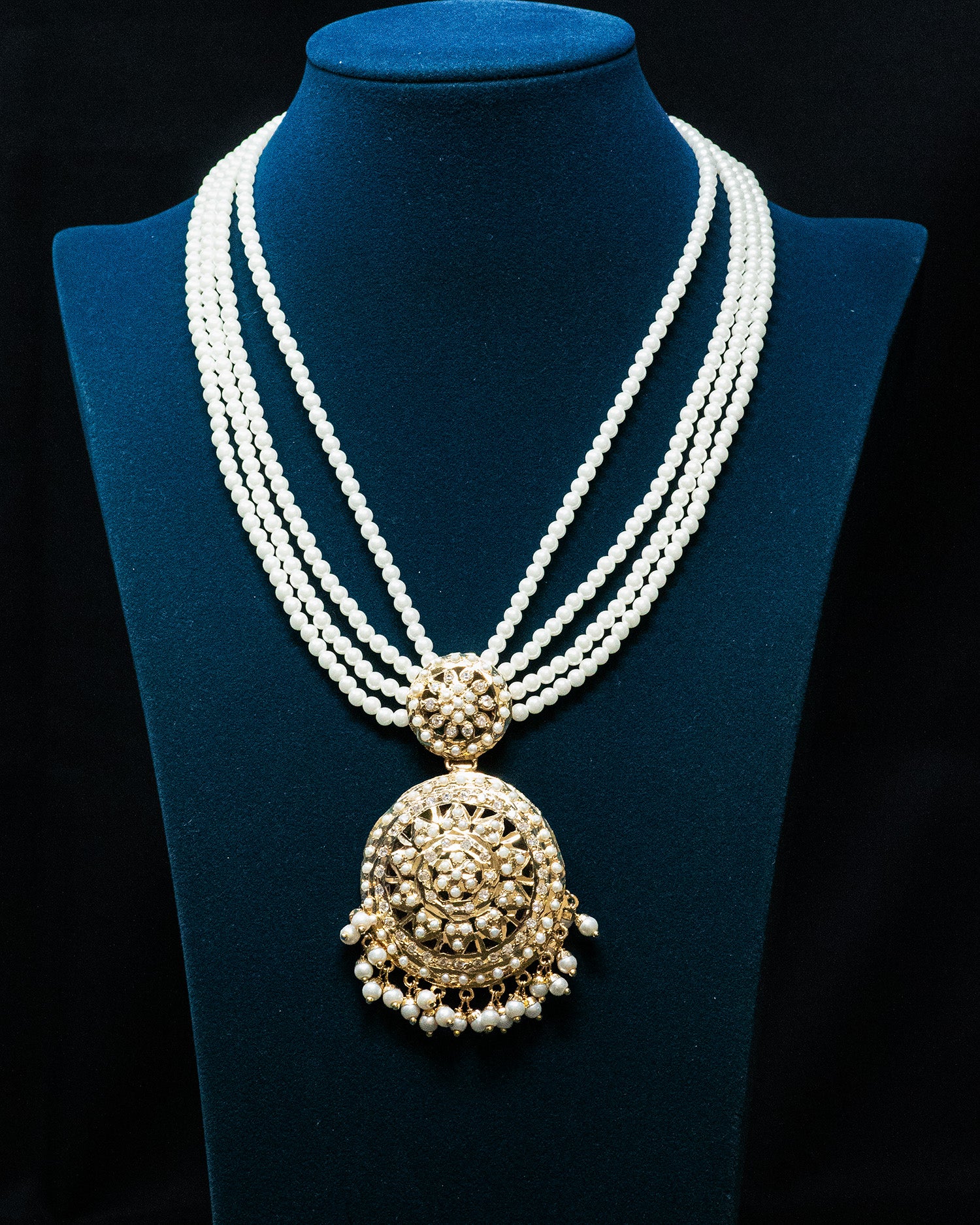 Multilayer Pearl Gold Finish Flora Kundan Necklace Set