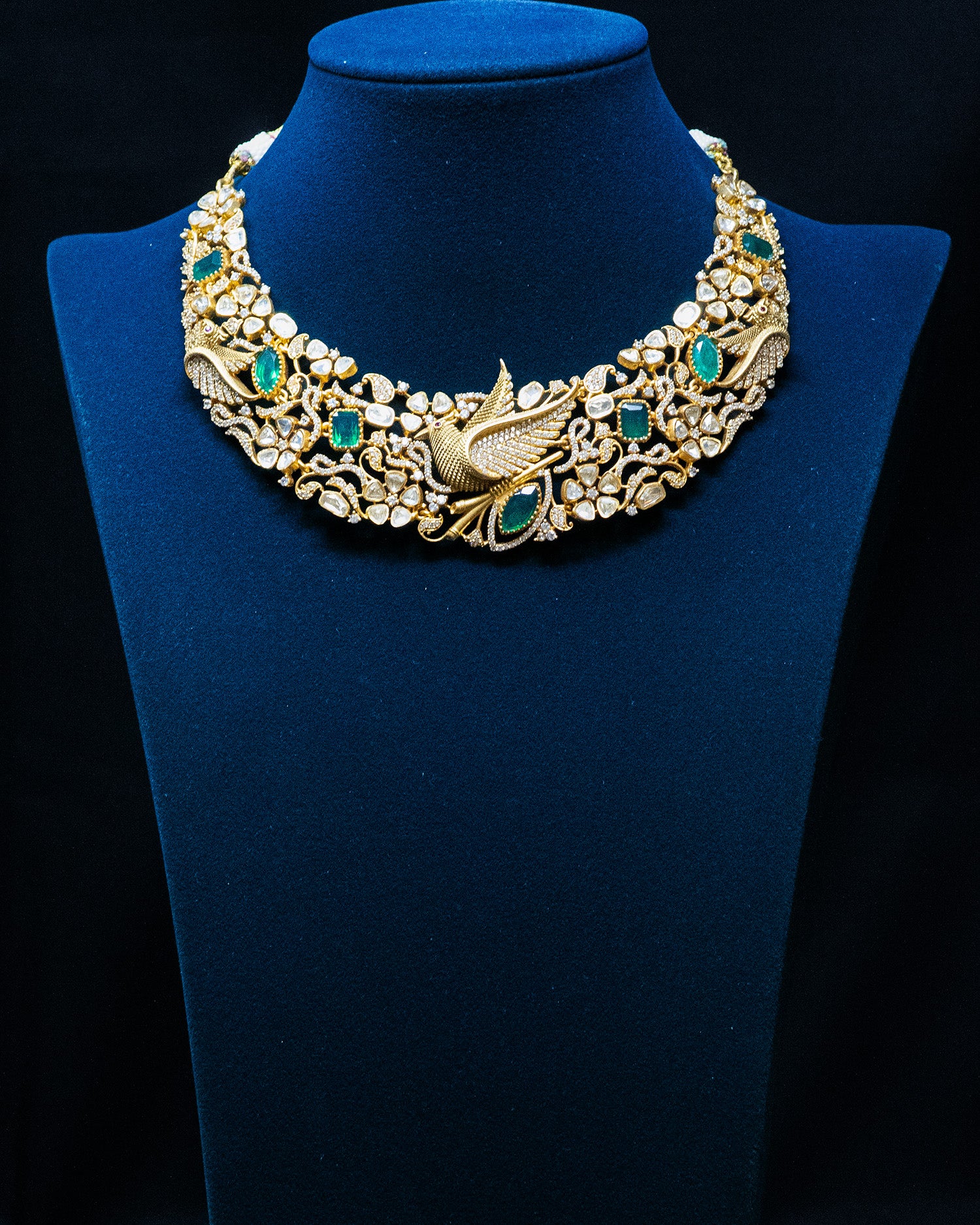 Royal Emerald & Uncut Kundan Bird Motif Necklace Set with Jhumkis