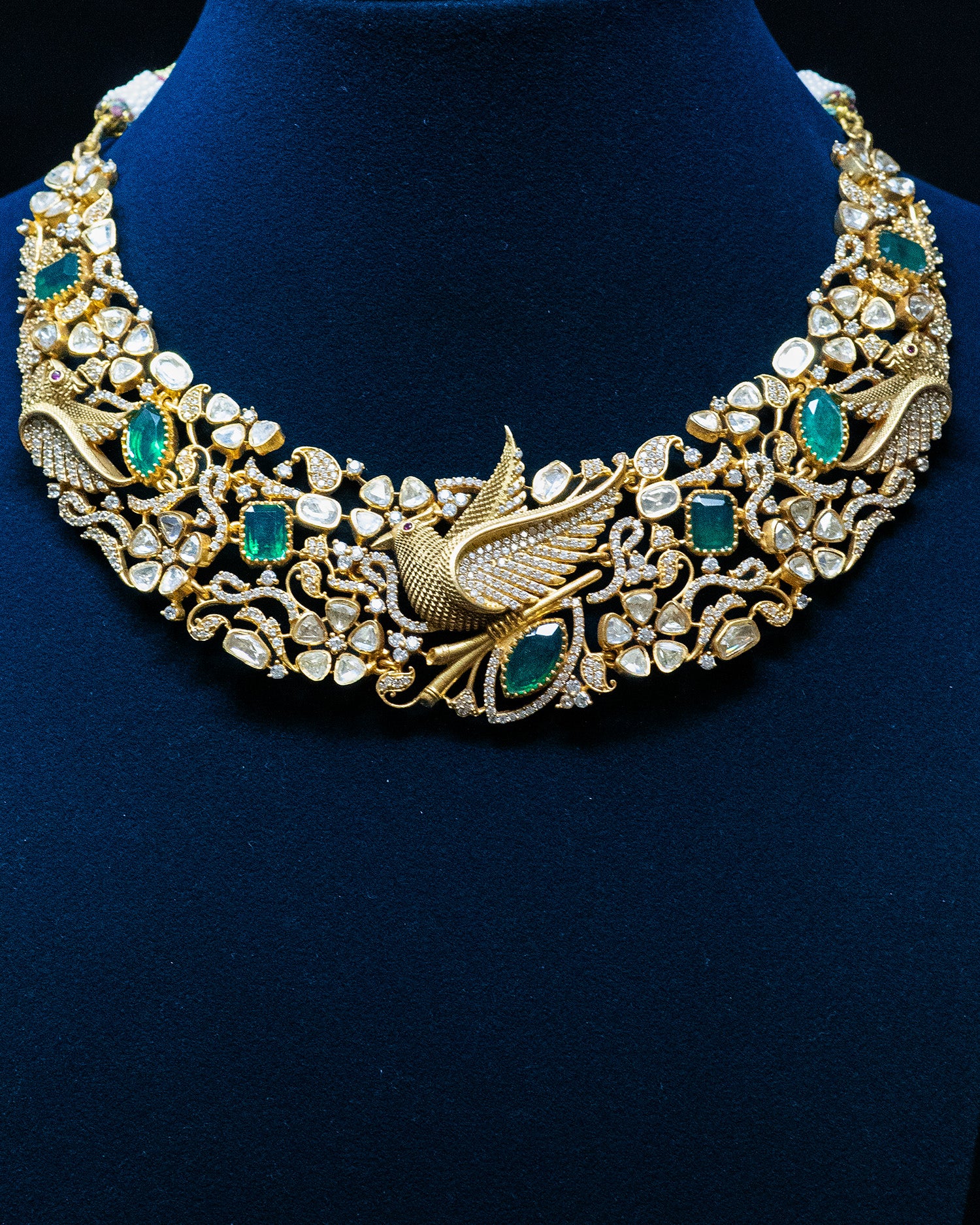 Royal Emerald & Uncut Kundan Bird Motif Necklace Set with Jhumkis