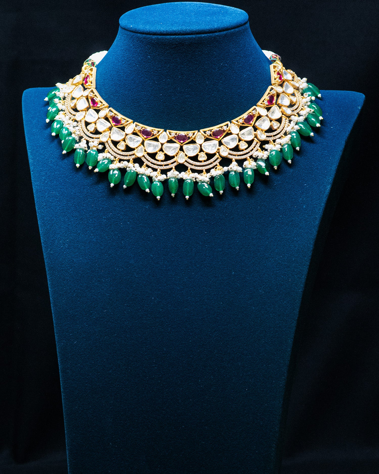 Royal Emerald & Ruby Dual-Tone Kundan Choker Set with Bead Drops