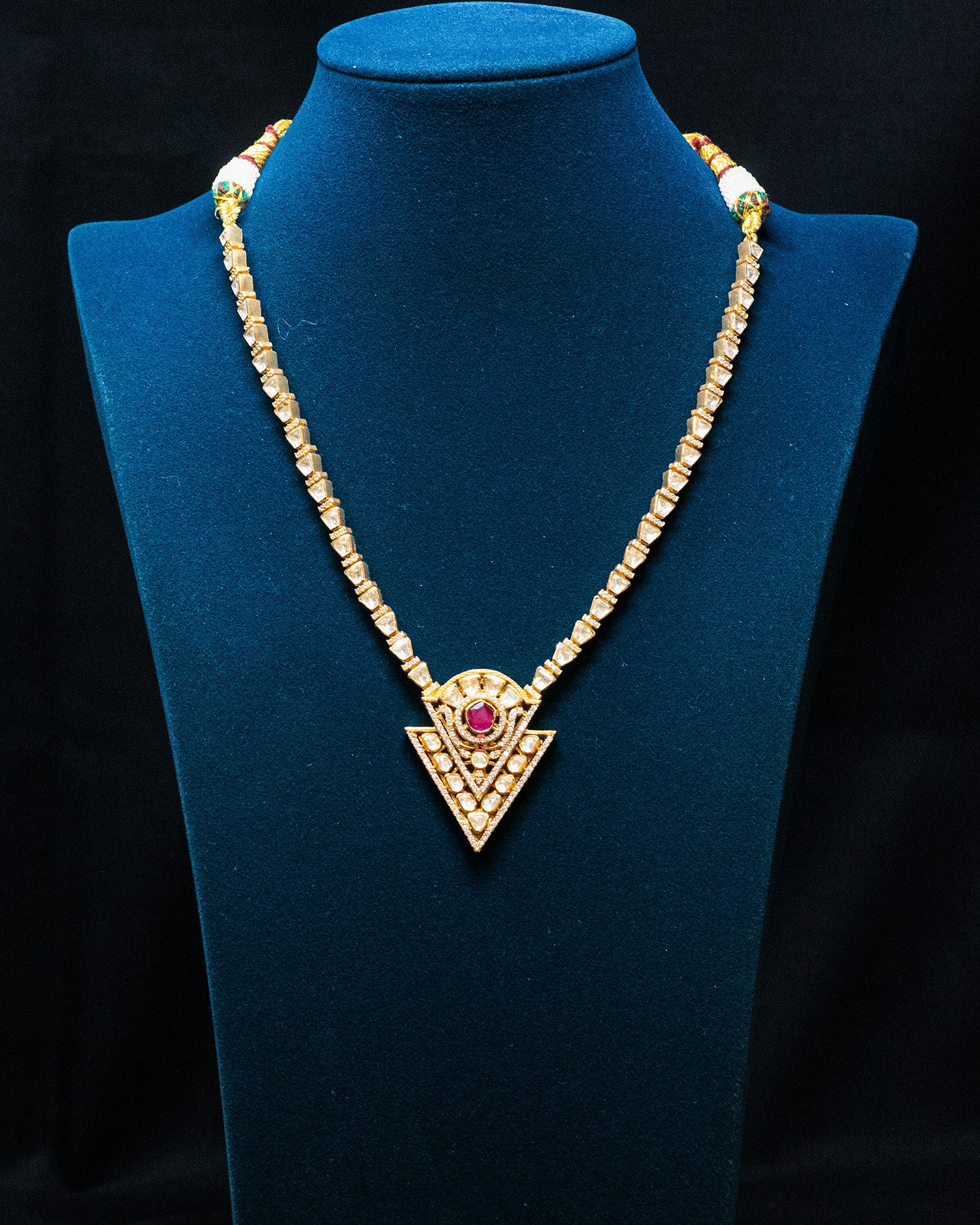 Geometric Triangular Ruby & Uncut Kundan Long Pendant Chain Set