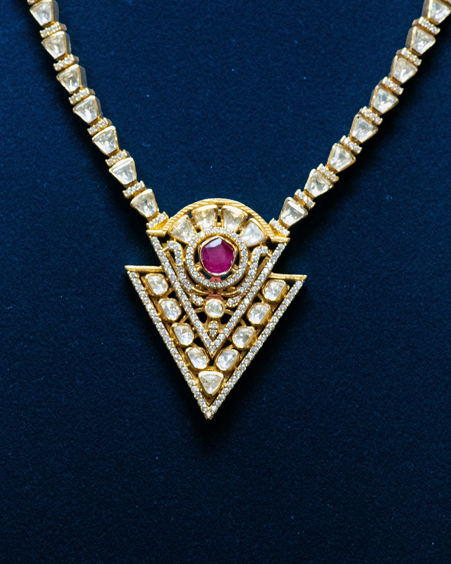 Geometric Triangular Ruby & Uncut Kundan Long Pendant Chain Set