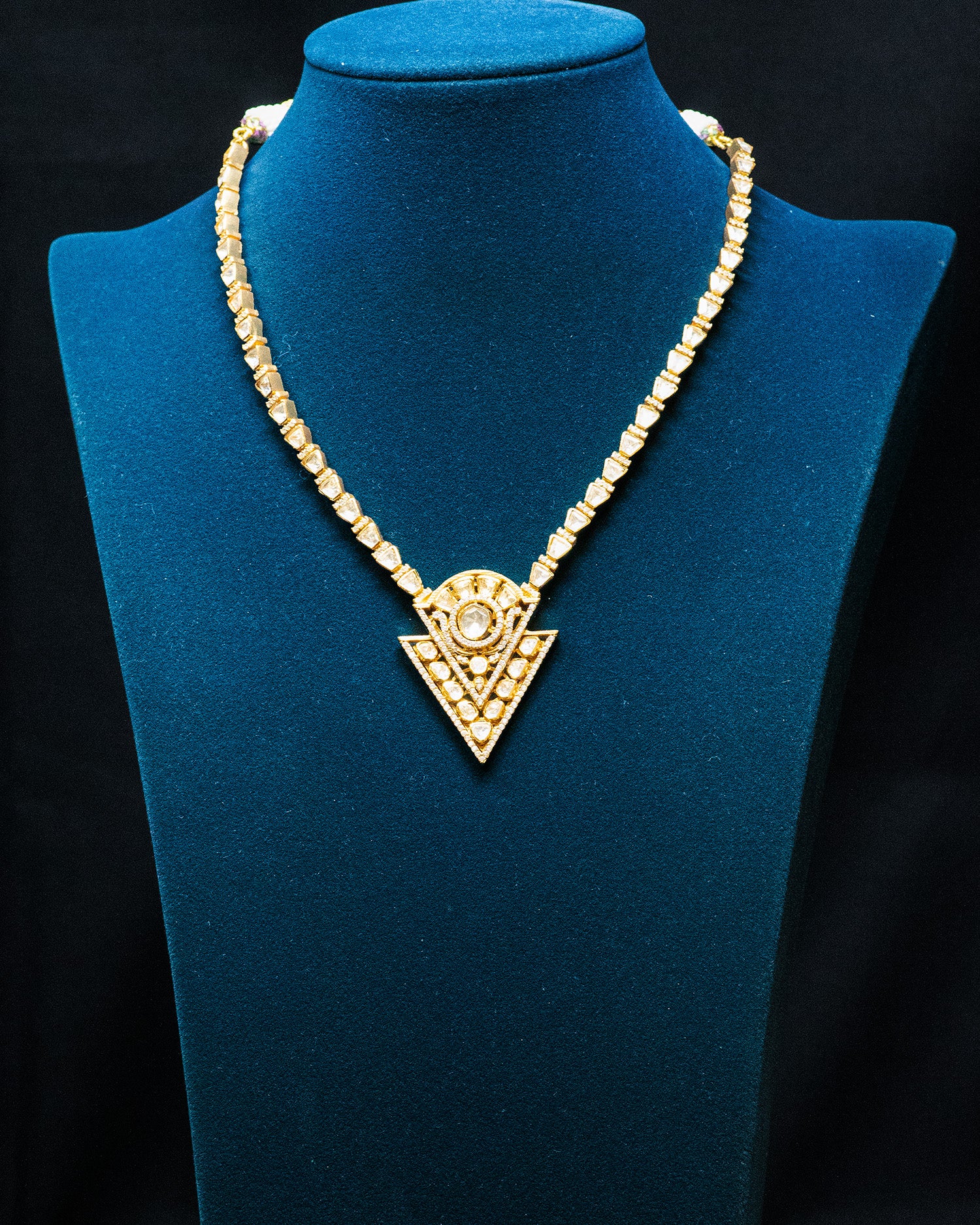 Classic Clear CZ & Uncut Kundan Geometric Long Chain Set