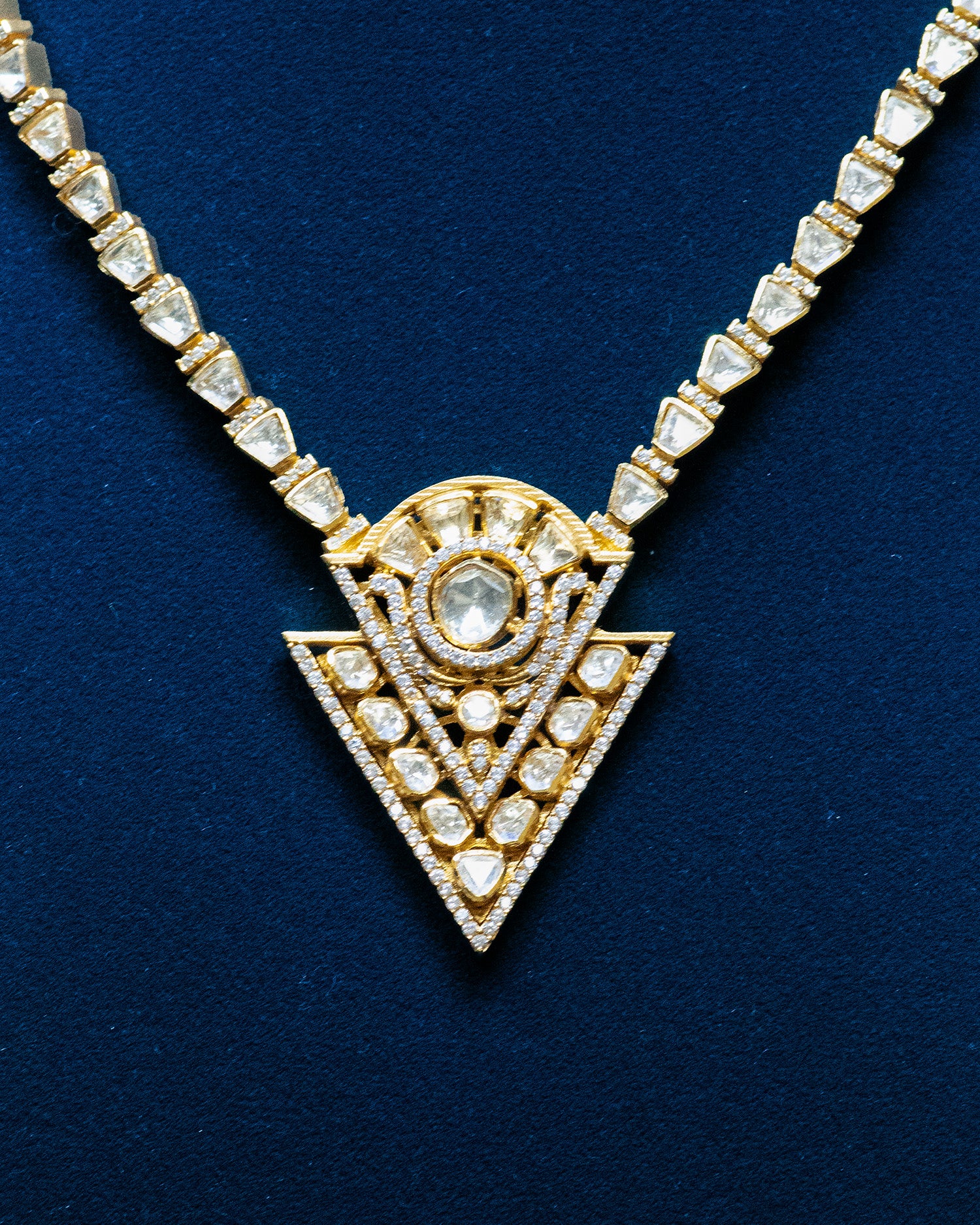 Classic Clear CZ & Uncut Kundan Geometric Long Chain Set