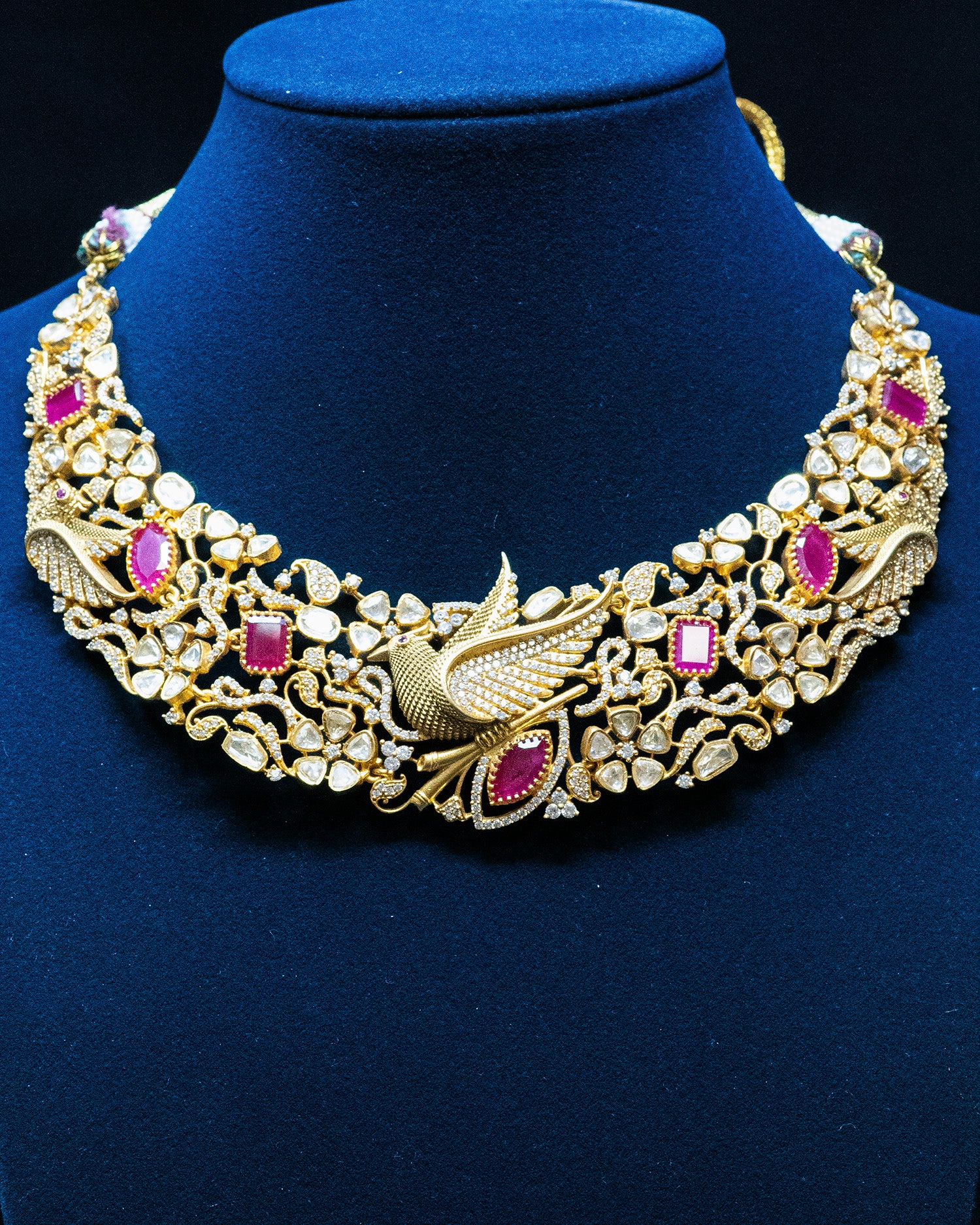 Royal Ruby Red & Uncut Kundan Bird Motif Necklace Set with Jhumkis